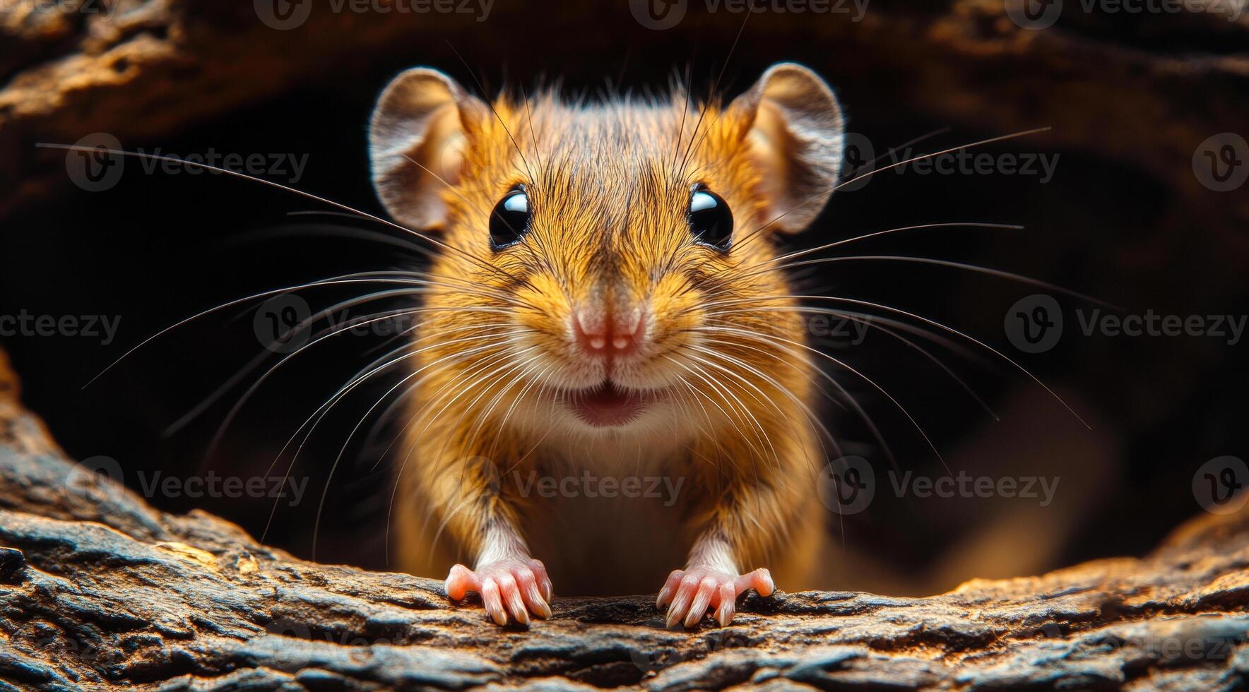 A small brown mouse is standing on a log with its head up and looking at the camera. The mouse appears to be curious and possibly excited about being in the spotlight photo