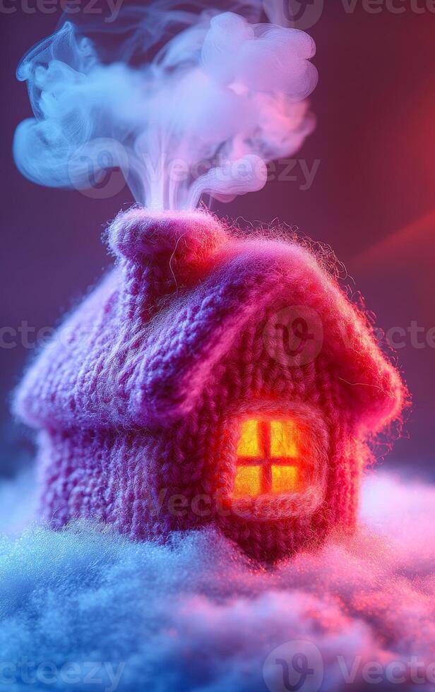 A small pink house with a chimney and a window. The house is surrounded by a cloud of smoke. Concept of comfort and warmth. Warm house photo