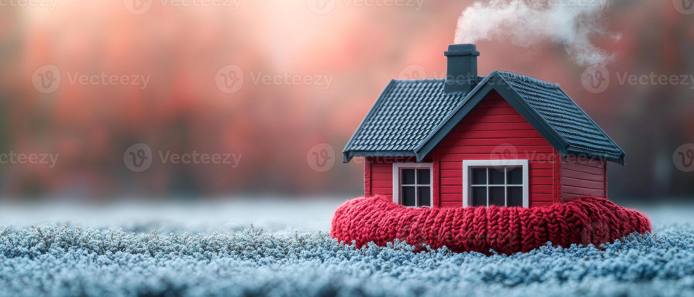 A small red house is sitting on a carpeted field. The house is surrounded by a red blanket, giving it a cozy and warm appearance. Concept of comfort and relaxation photo