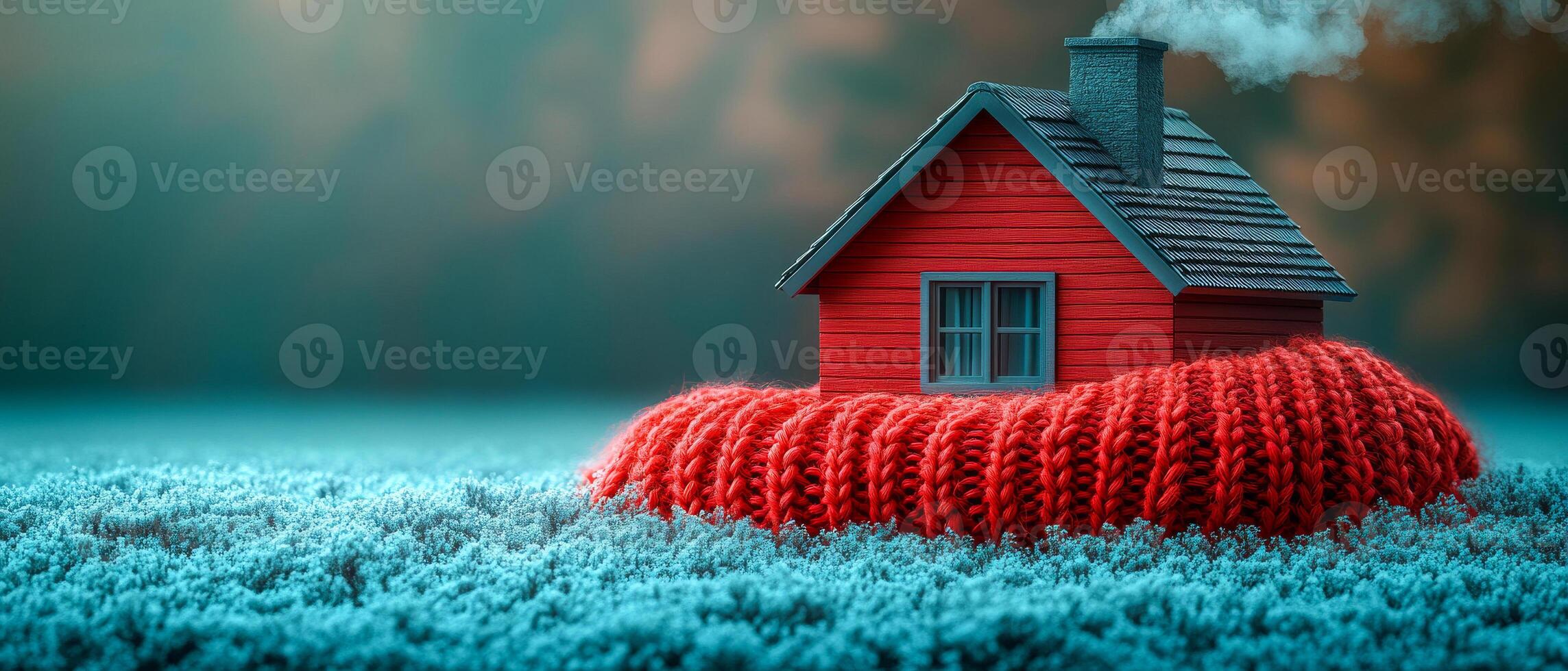 A red house is sitting on a blanket of snow. The house is surrounded by a red knit blanket, which gives it a cozy and warm appearance. Concept of comfort and relaxation photo