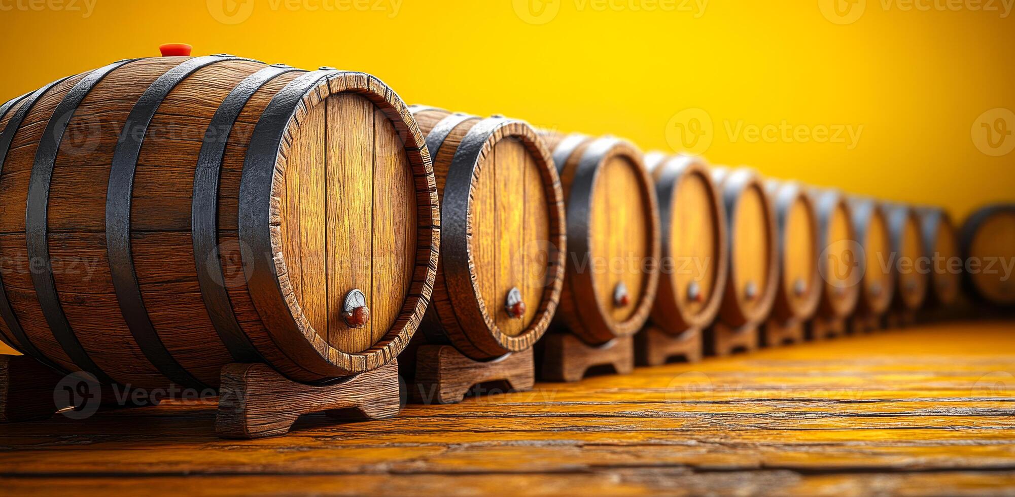 A row of wooden barrels with a red button on top of each one. The barrels are lined up on a wooden floor photo