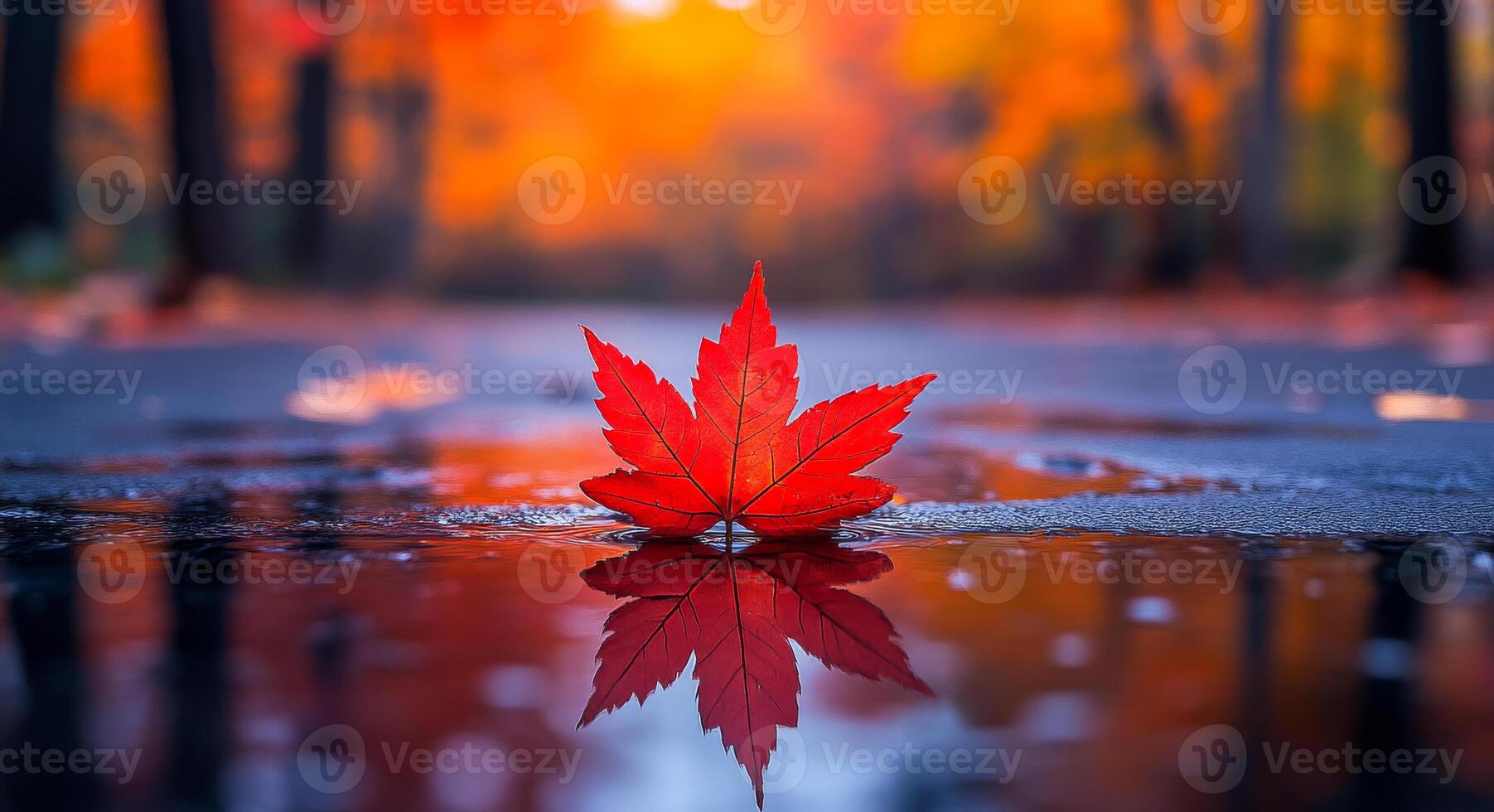 A leaf is floating on a puddle of water. The leaf is red and the water is reflecting the leaf. The scene is peaceful and serene photo