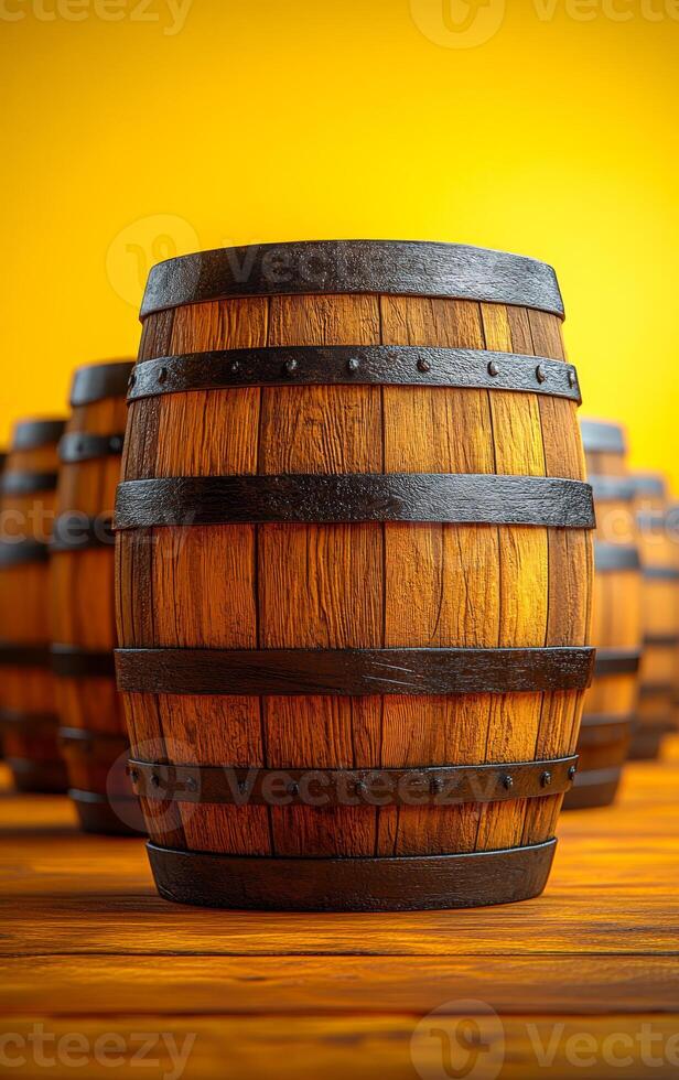 A barrel is shown in a row of barrels, with the barrel in the middle being the tallest. The barrel is made of wood and has a black and brown finish. Concept of rustic charm and a connection to nature photo