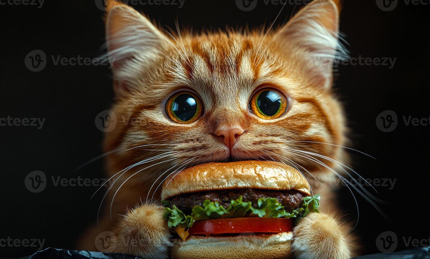 A cat is holding a hamburger in its mouth. The cat's eyes are wide open, and it is enjoying the meal. Concept of playfulness and curiosity photo