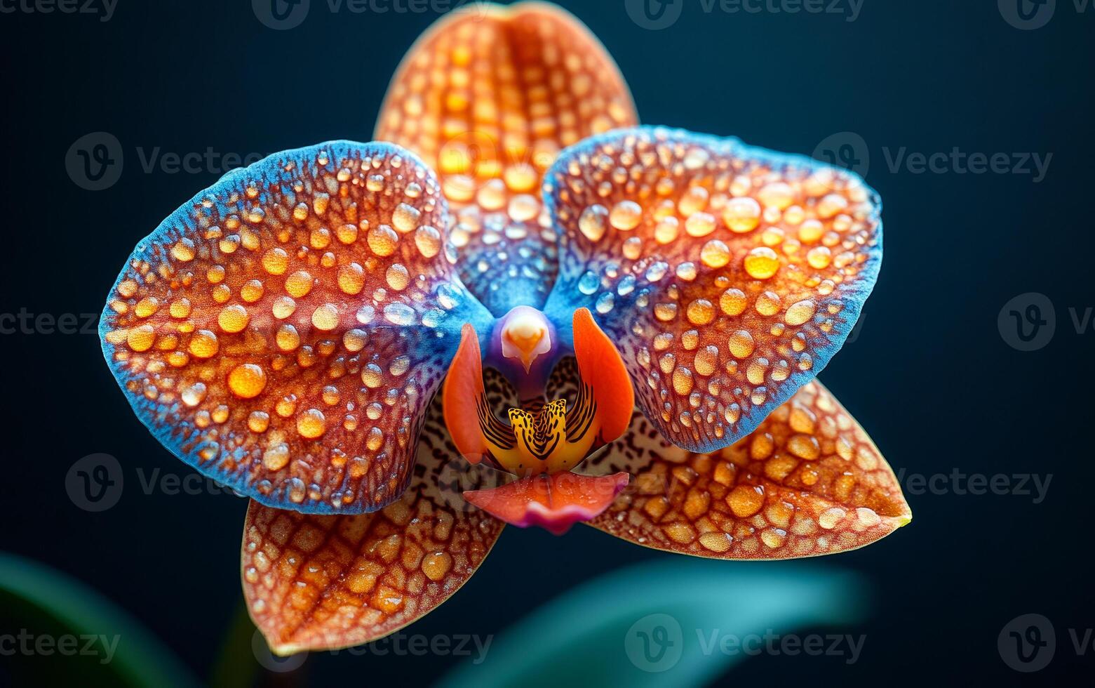 A beautiful orange and blue flower with droplets of water on it. The flower is the main focus of the image and it is surrounded by green leaves. The droplets of water on the flower give it a fresh photo