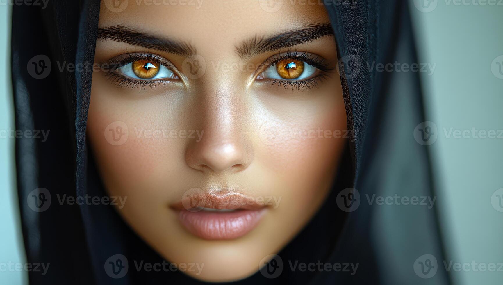 A woman with brown eyes and a black scarf on her head. She has a very nice smile photo