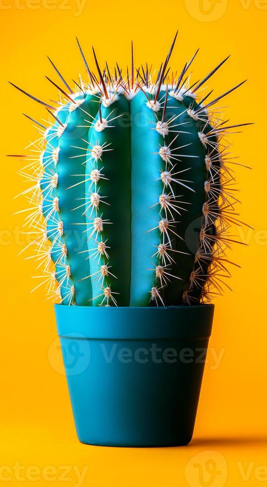 A green cactus is in a blue pot on a yellow background. The cactus is tall and has many spines photo