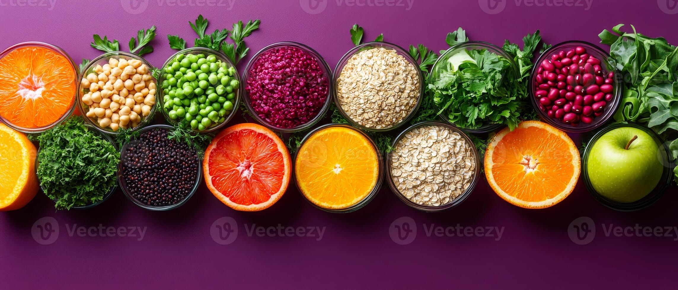 A row of bowls filled with various fruits and vegetables. The bowls are arranged in a line, with some containing oranges, apples, and other fruits, while others contain nuts, beans photo