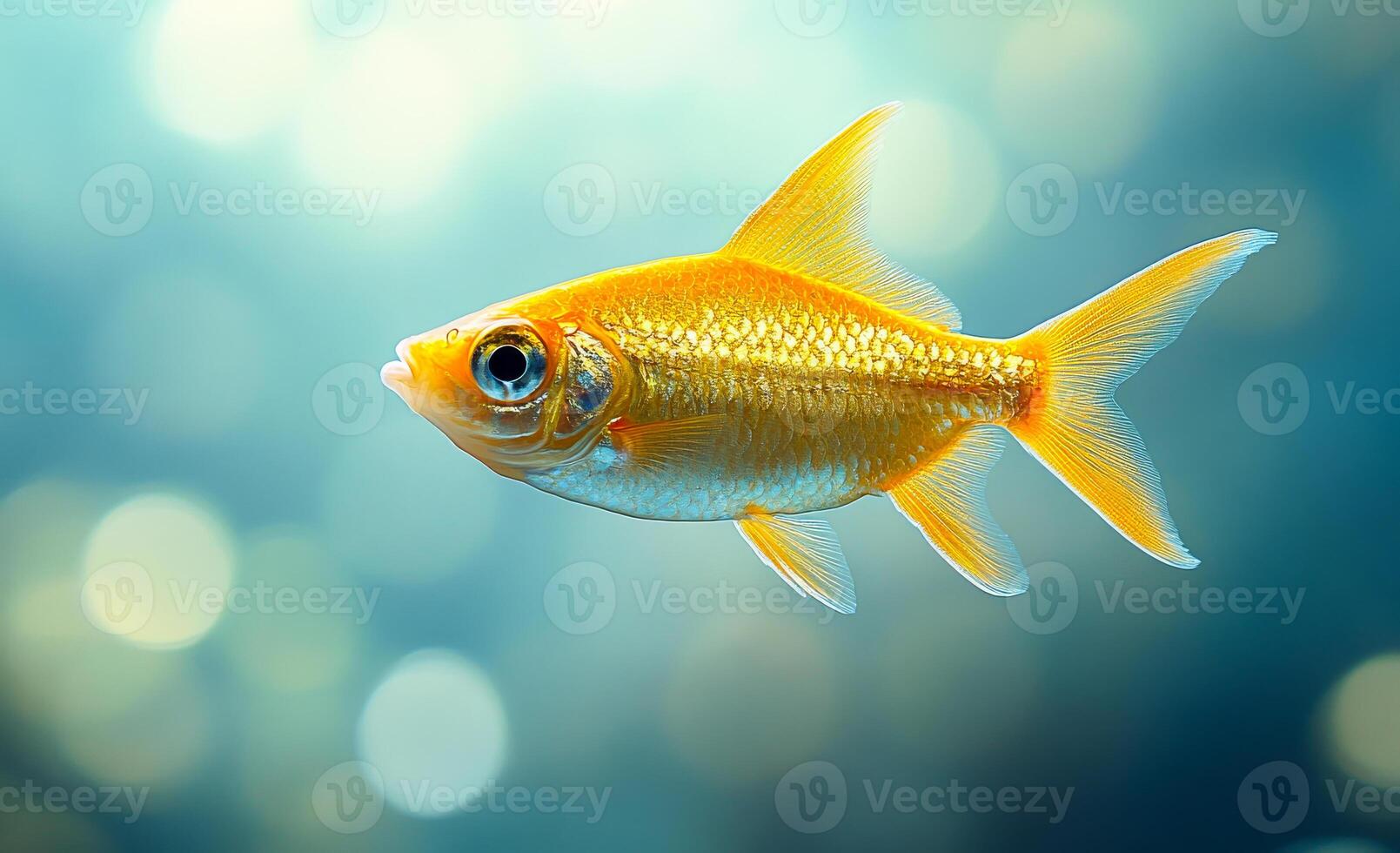 A gold fish swimming in a blue ocean. The fish is small and has a bright yellow color photo