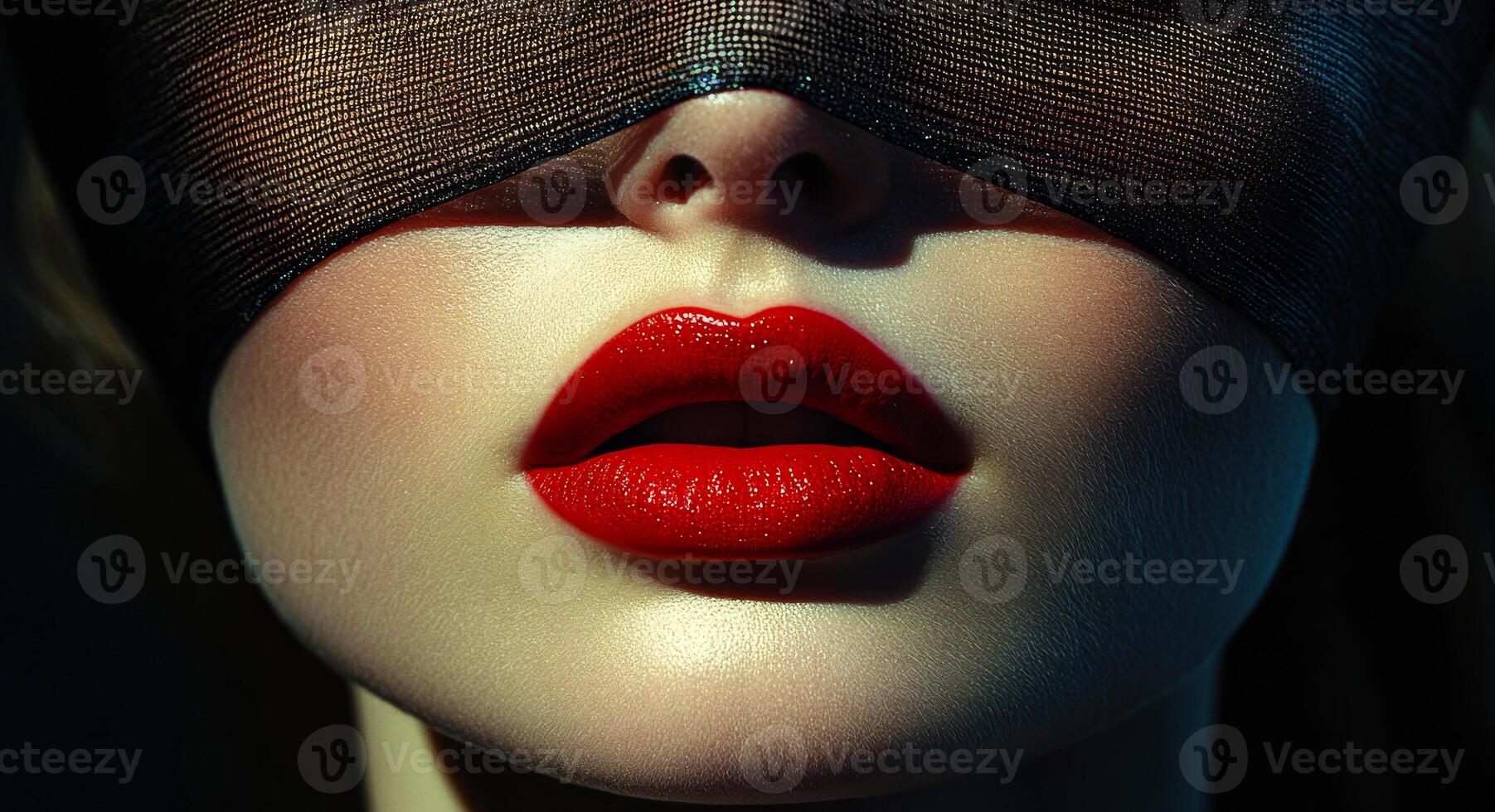 A woman with a red lipstick and a black veil over her face. Concept of mystery and allure photo