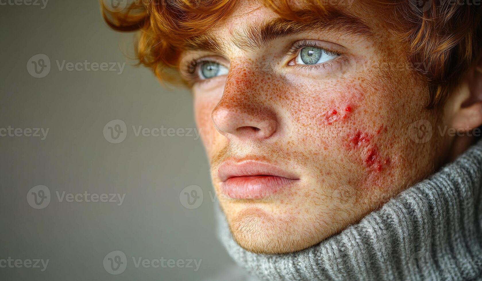 A man with red hair and a scar on his face. He is wearing a gray sweater. The man has a blue eye photo