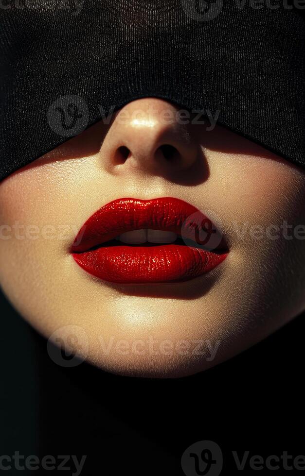 A woman with a red lip is wearing a black mask. The mask covers her face and lips, making her look mysterious and alluring photo
