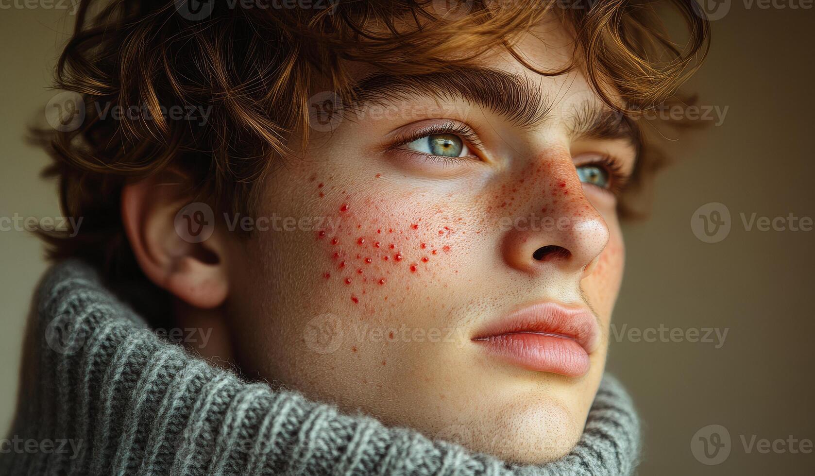 A man with red spots on his face and a blue eye. He is wearing a gray sweater photo