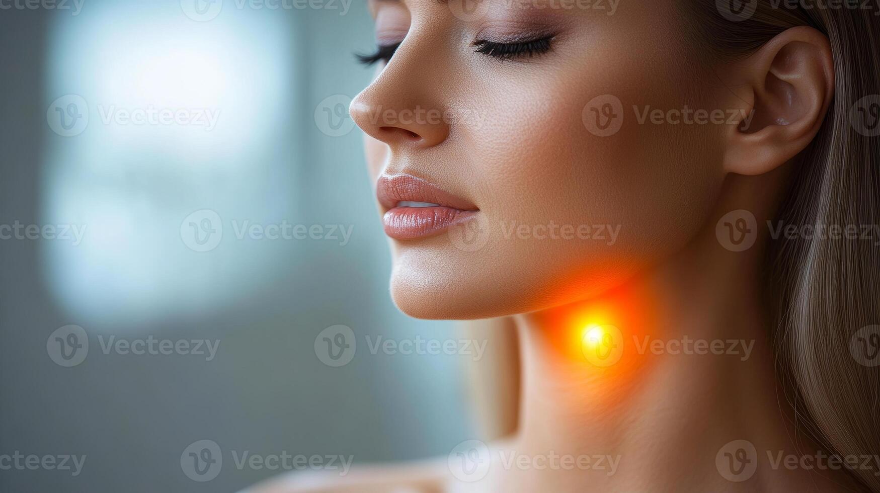 A woman with a red mark on her neck. The neck is red and the woman is looking at the camera photo