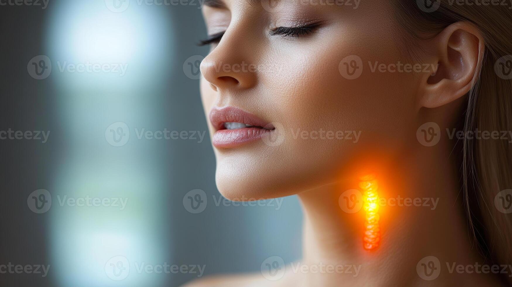A woman with a red and yellow mark on her neck. photo