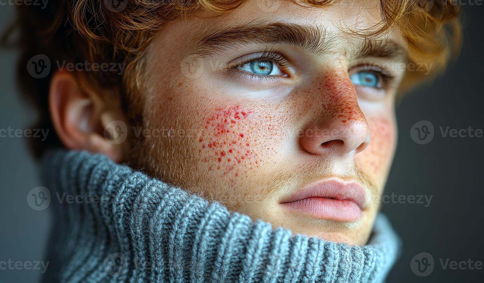A man with a beard and red spots on his face is wearing a gray sweater. He has blue eyes and a serious expression photo