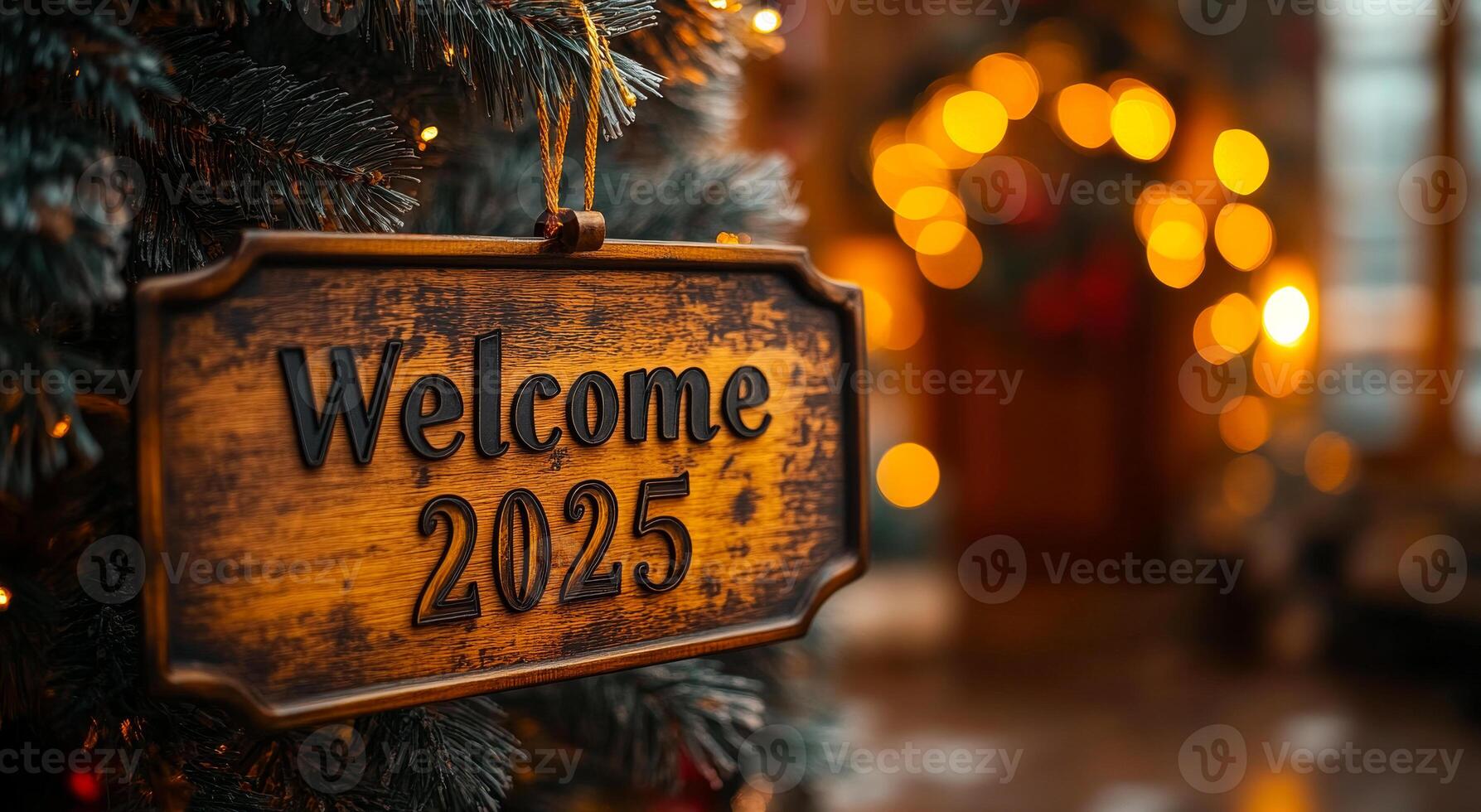 A wooden sign that says Welcome 2025 hangs on a Christmas tree. The sign is surrounded by lights and is the focal point of the image photo