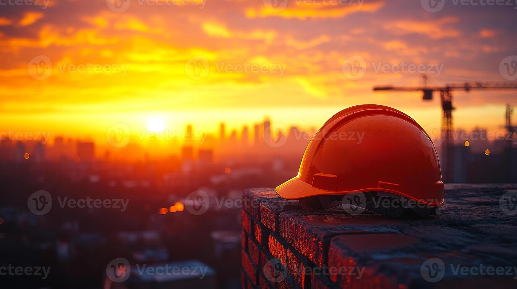A construction worker's hard hat is sitting on a brick wall in front of a city skyline. The sun is setting, casting a warm glow over the scene. Concept of hard work and dedication photo