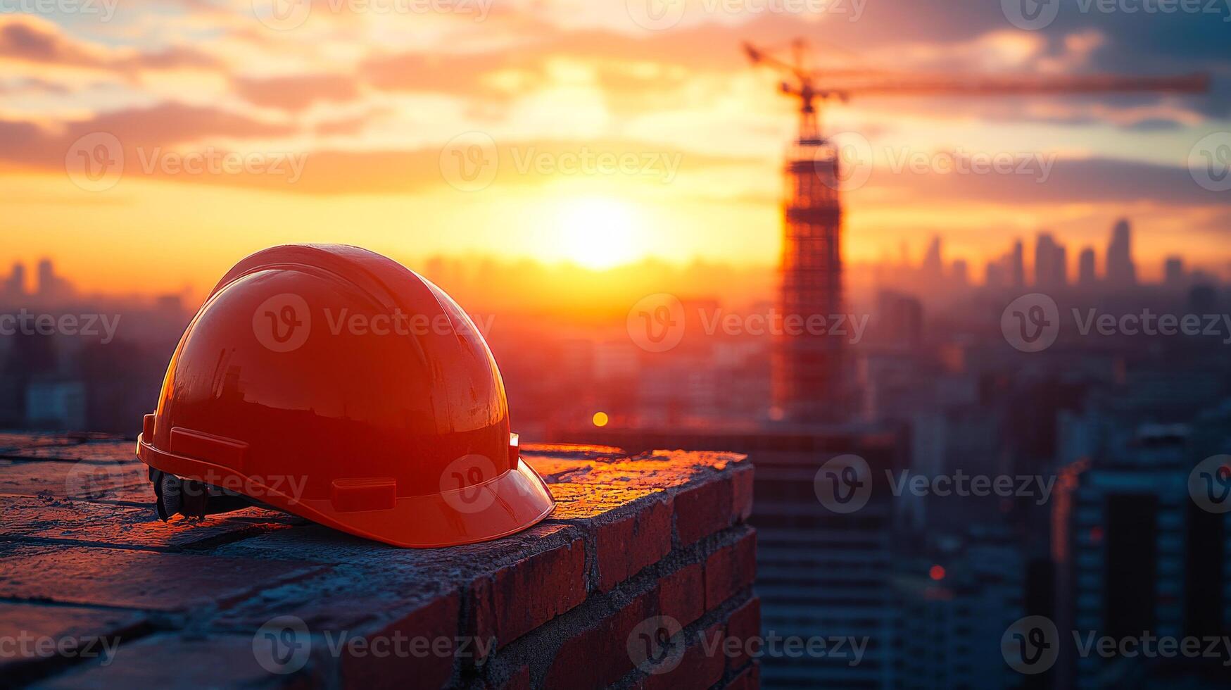 A construction worker's hard hat is sitting on a brick wall in front of a city skyline. The sun is setting, casting a warm glow over the scene. Concept of hard work and dedication photo