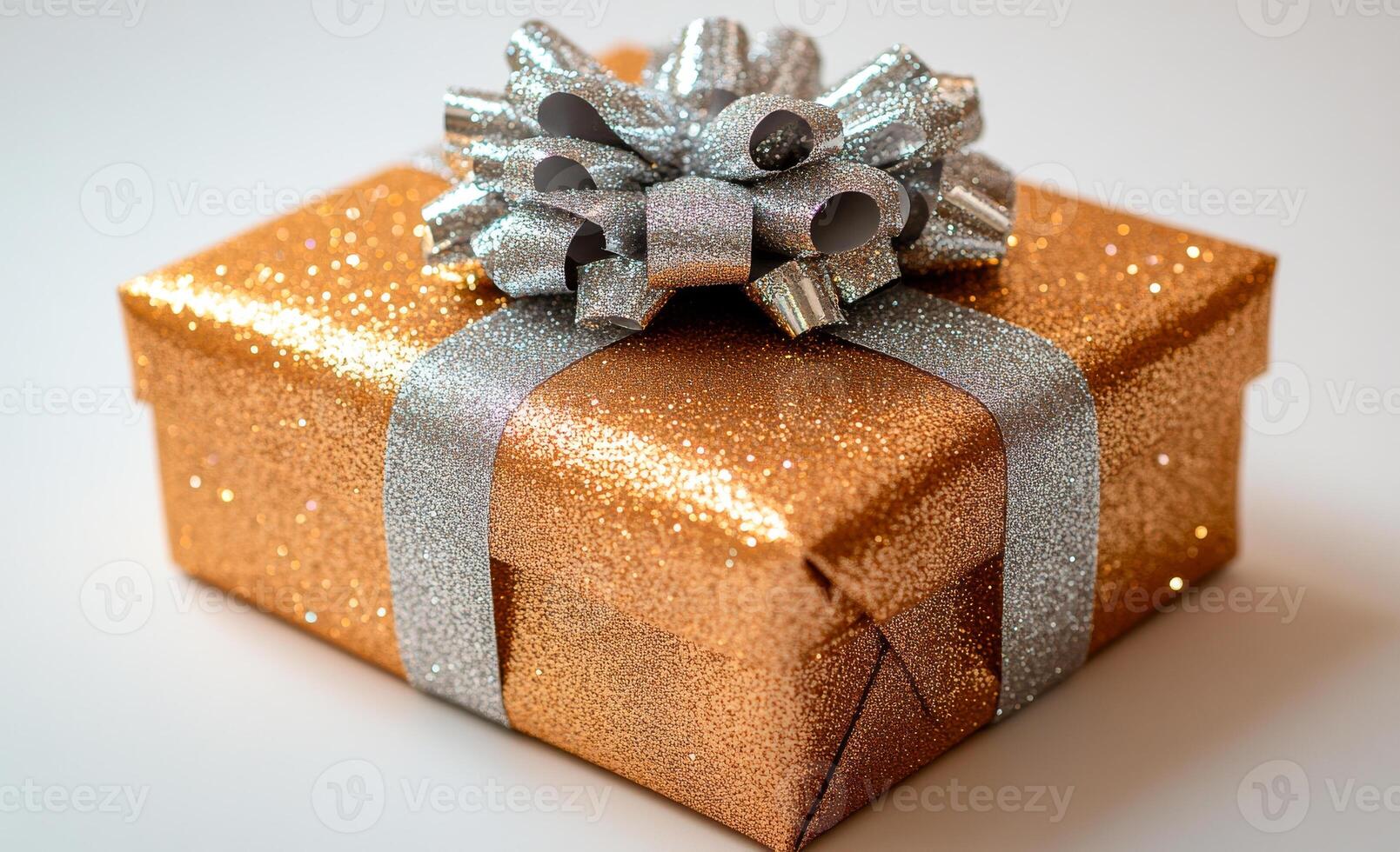 A shiny gold and silver gift box with a bow on top. The box is decorated with glitter and has a shiny appearance photo