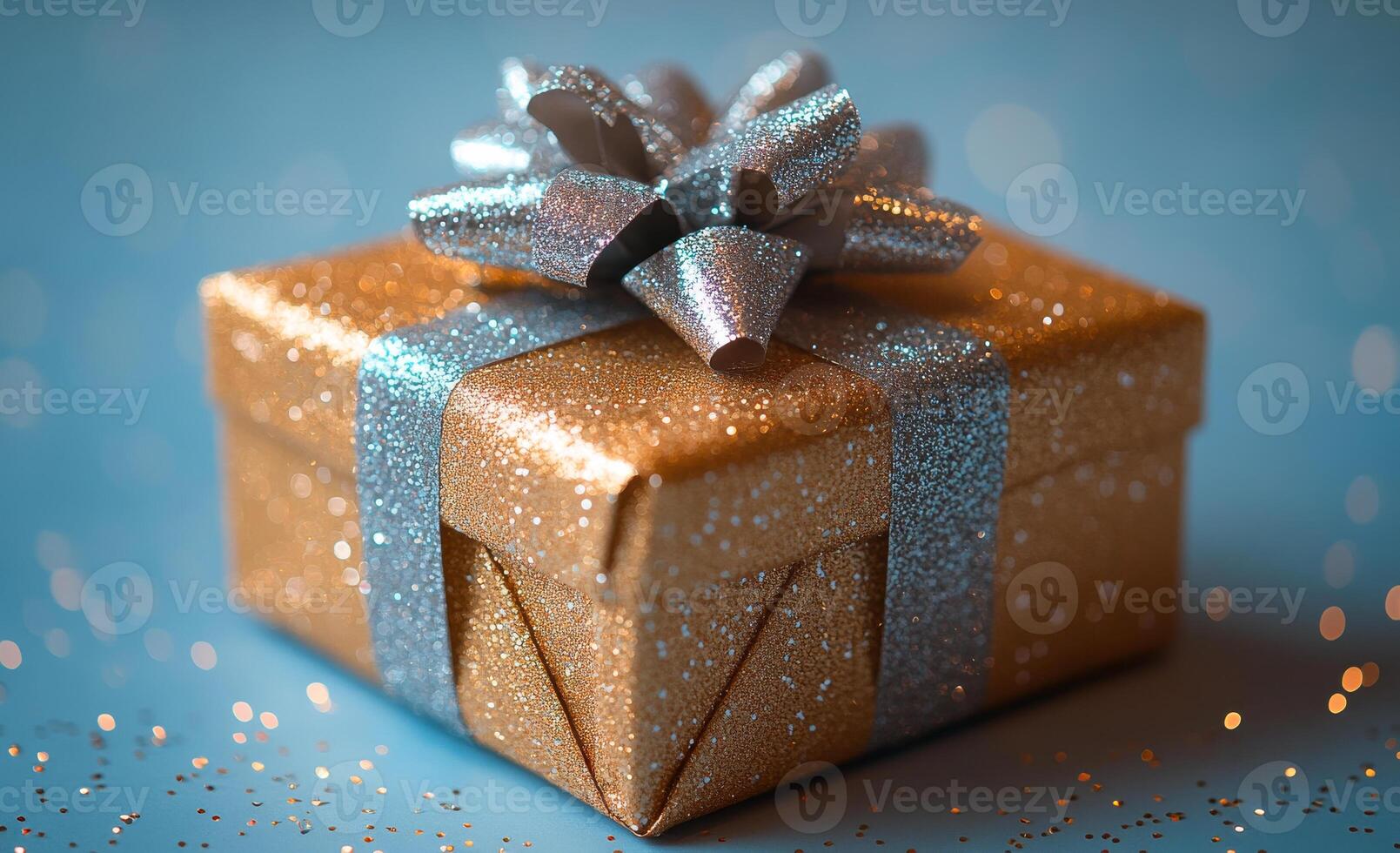 A gold and silver box with a silver bow on top of it. The box is decorated with glitter and has a shiny appearance photo