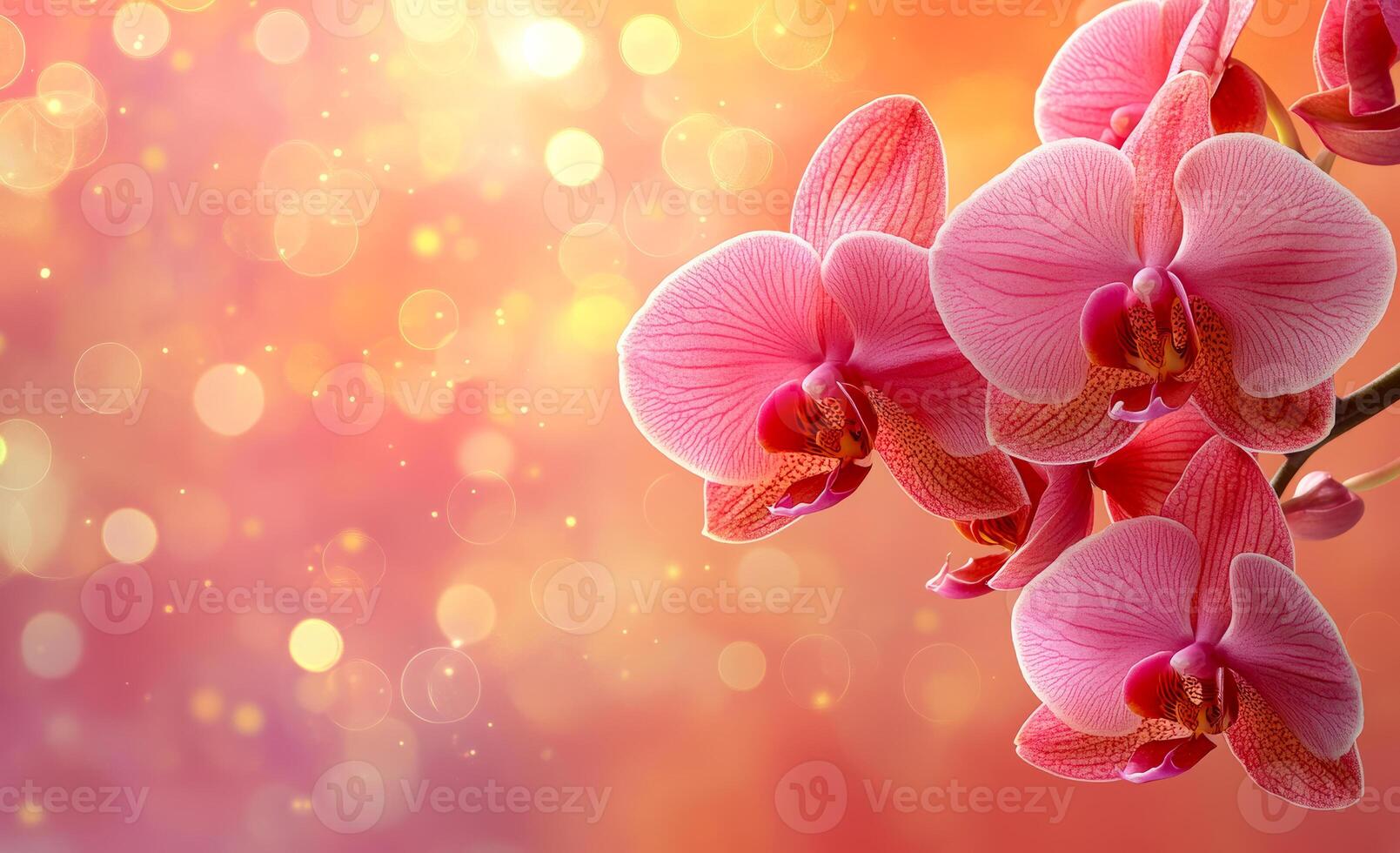 A close up of a pink orchid with a blurry background. Concept of serenity and beauty, as the delicate flower stands out against the soft, warm tones of the background photo