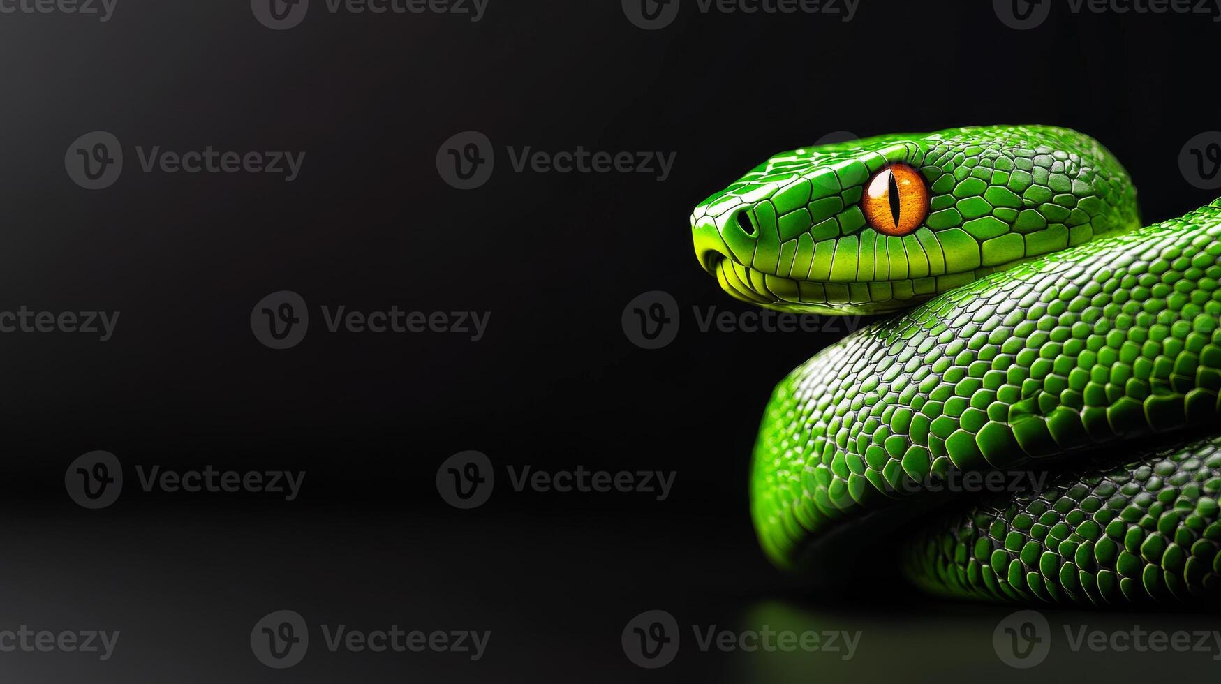 A green snake with yellow eyes is curled up on a black background. The snake's eyes are large and prominent, drawing attention to its face. The snake's body is coiled and twisted photo