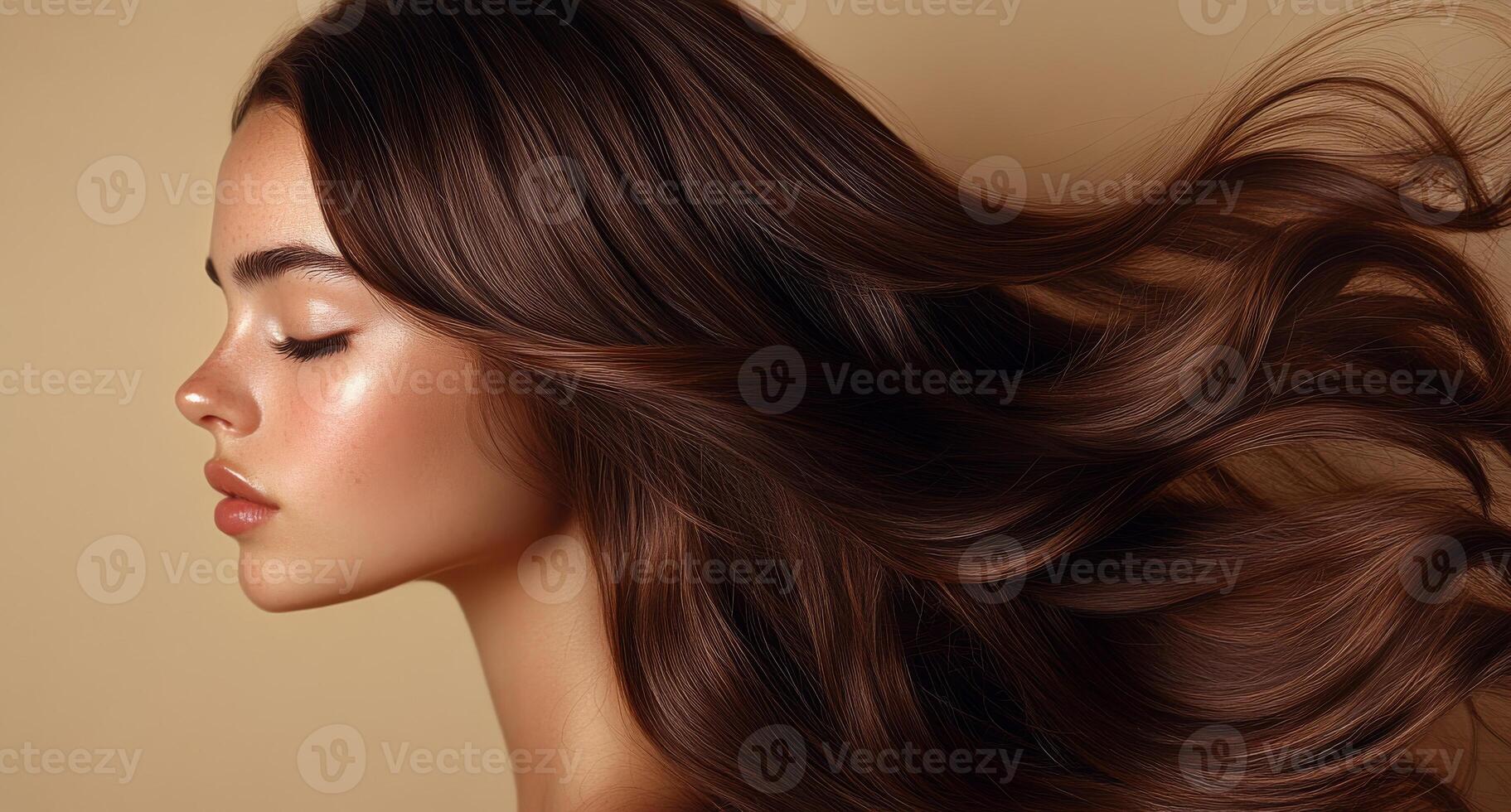 A woman with long brown hair is shown with a light makeup look. The hair is styled in a way that it is flowing in the wind. Scene is one of elegance and sophistication photo
