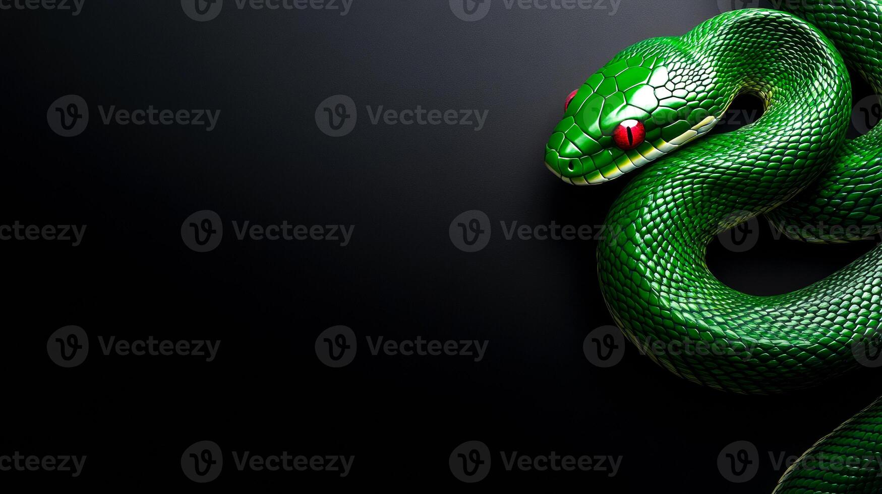 A green snake with red eyes is on a black background. The snake is made of plastic and he is a toy photo