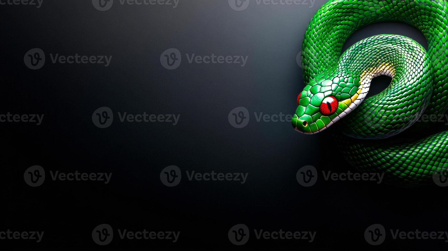 A green snake is on a black background. The snake is curled up and has red eyes photo