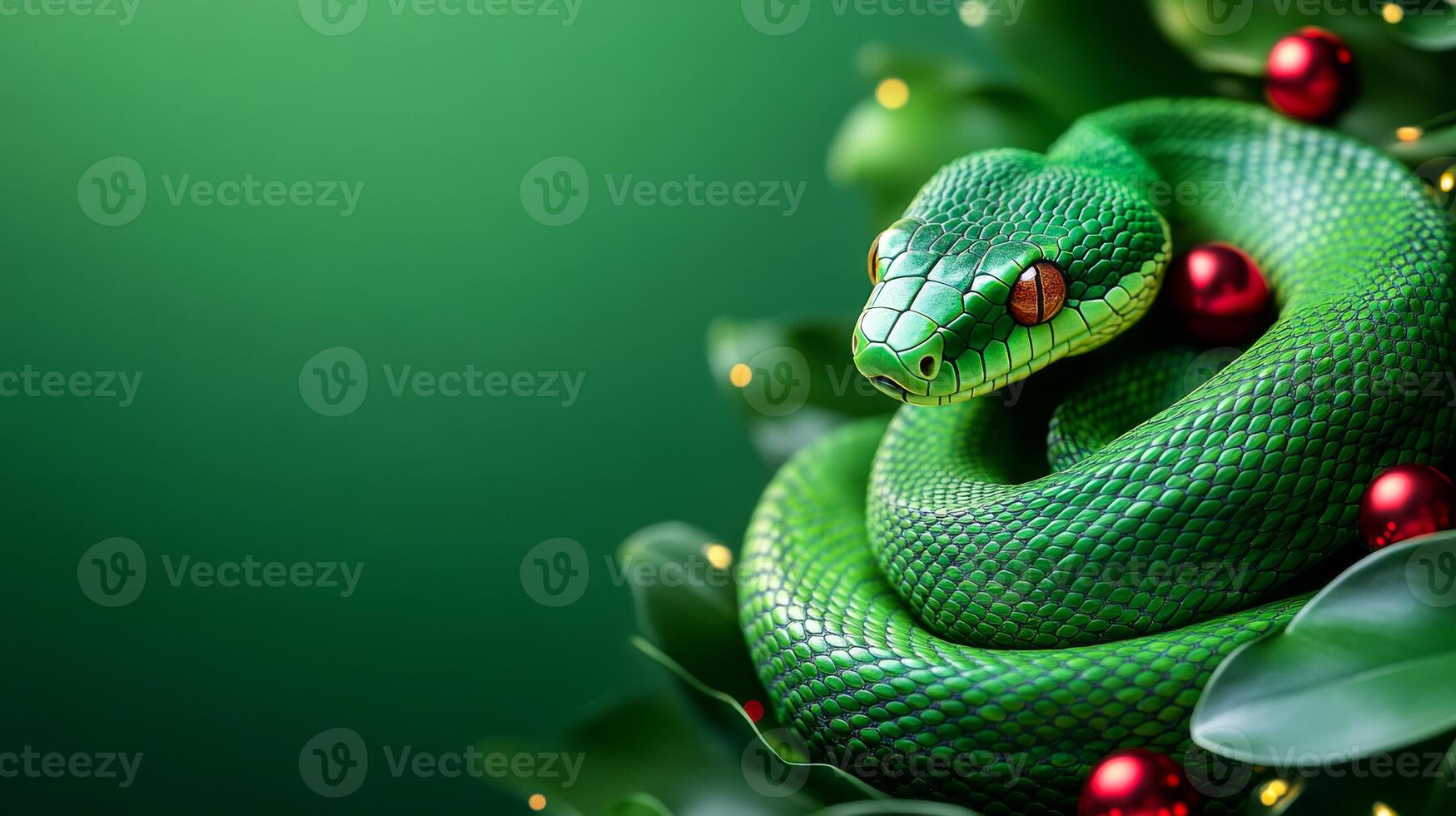 A green snake is curled up next to some red berries. The snake is surrounded by green leaves and the berries are scattered around it. The image has a festive and playful mood photo