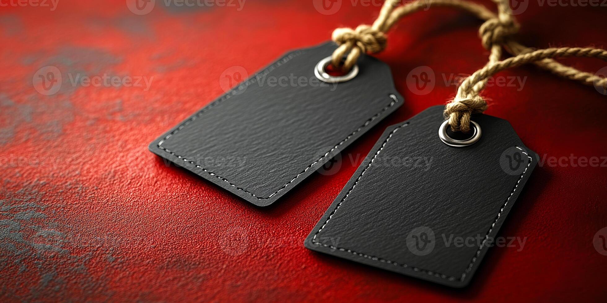 Two tags are hanging from a rope on a red background. The tags are black and have a white circle in the middle photo