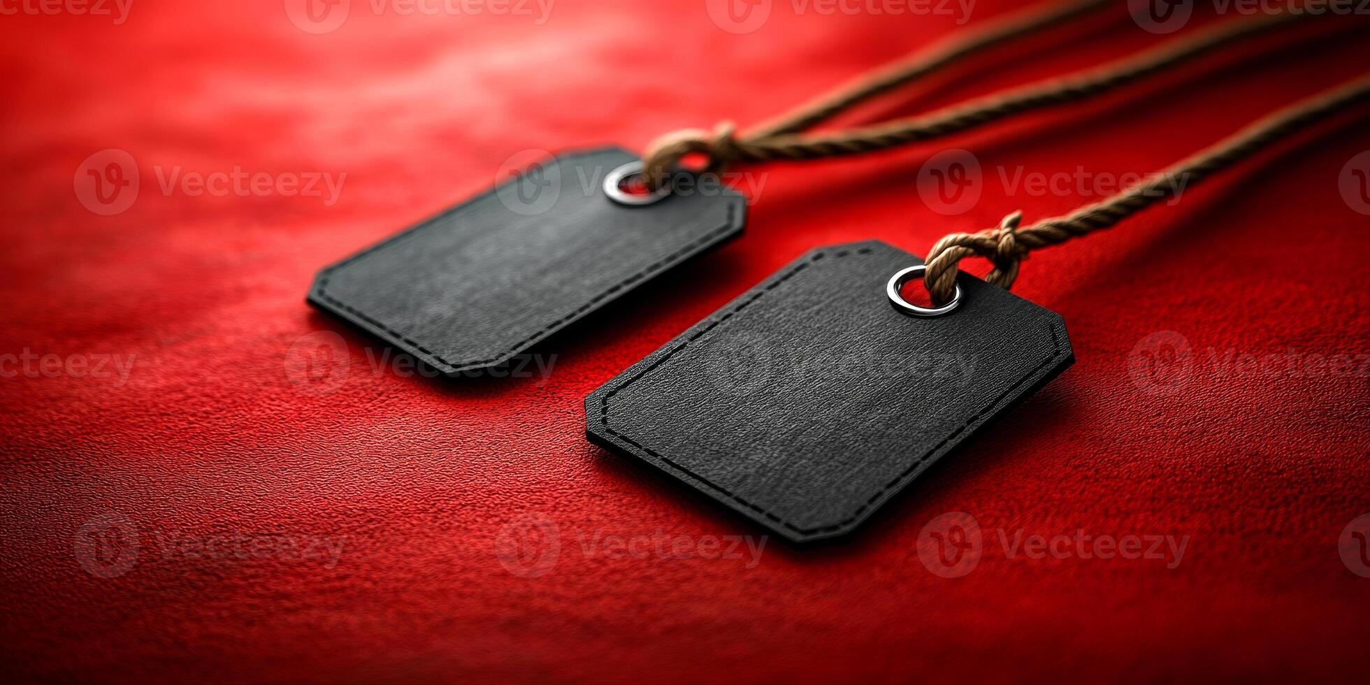 Two tags are on a red background. The tags are black and have a white lettering. The tags are hanging from a rope photo