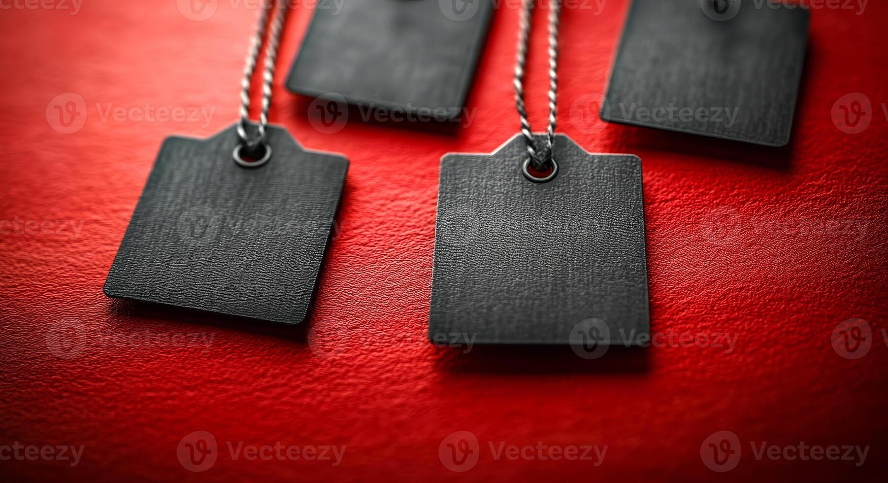 Four black tags are on a red surface. The tags are black and have a silver chain. The tags are placed in a row, with the first tag on the left and the last tag on the right photo