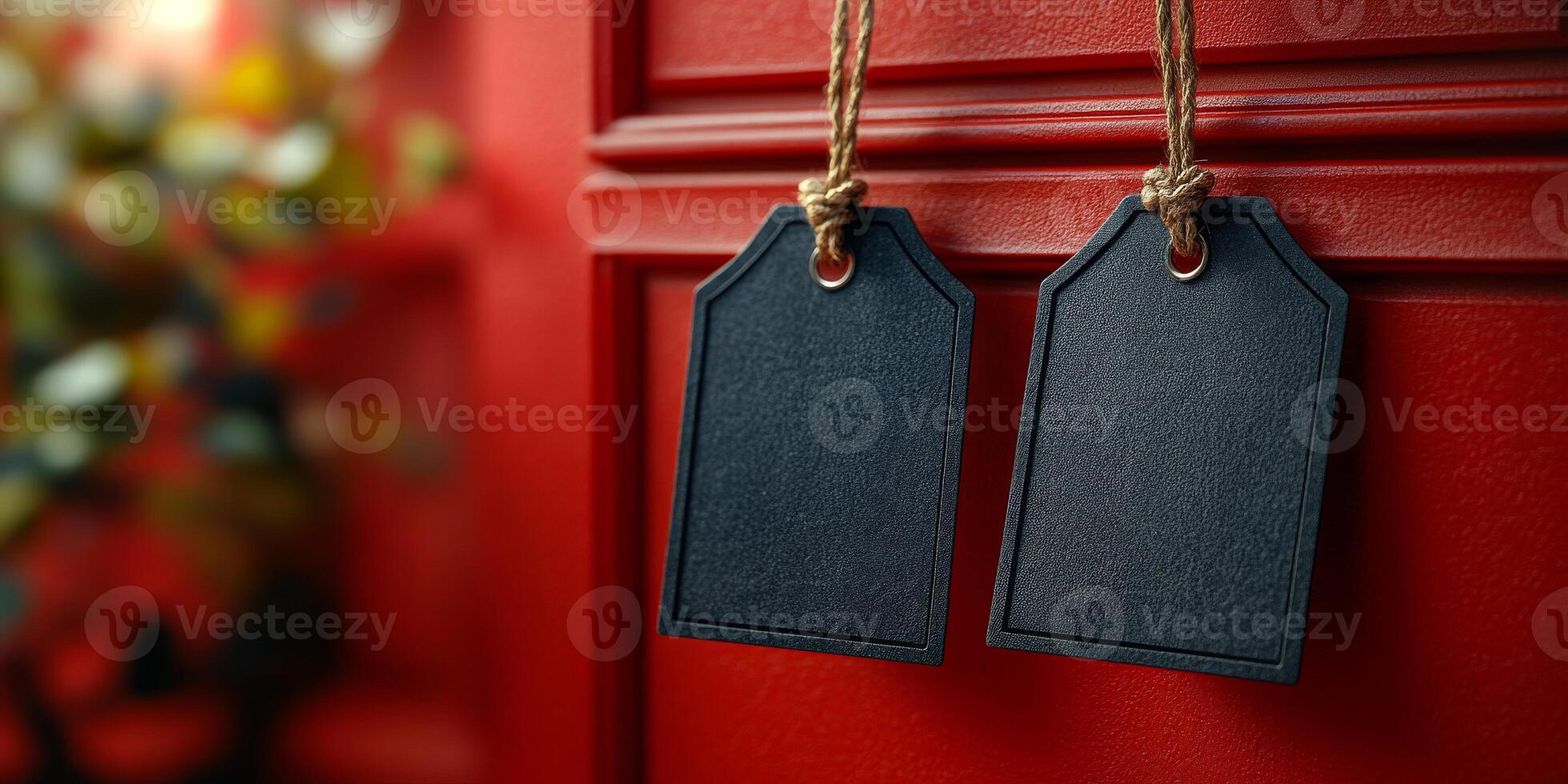 Two tags hanging from a red door. The tags are black and have no writing on them. The image has a moody and mysterious feel to it photo