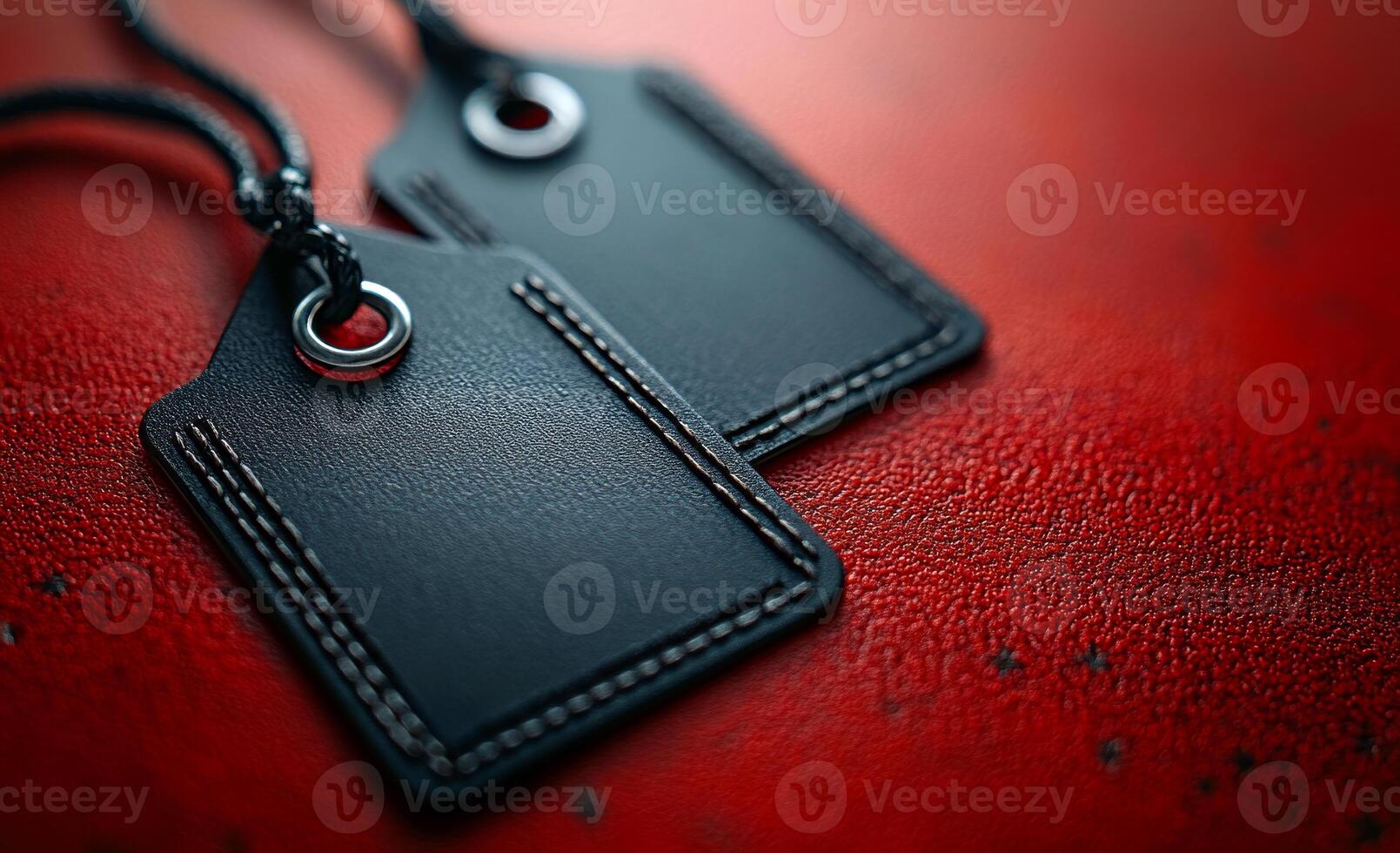 Two tags are hanging from a red surface. The tags are black and have a silver ring photo