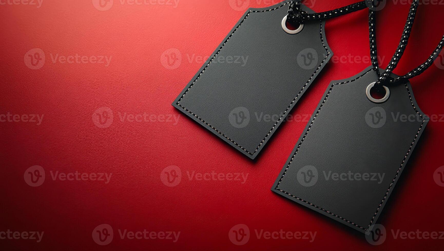 Two tags are hanging from a red background. The tags are black and have a silver loop photo