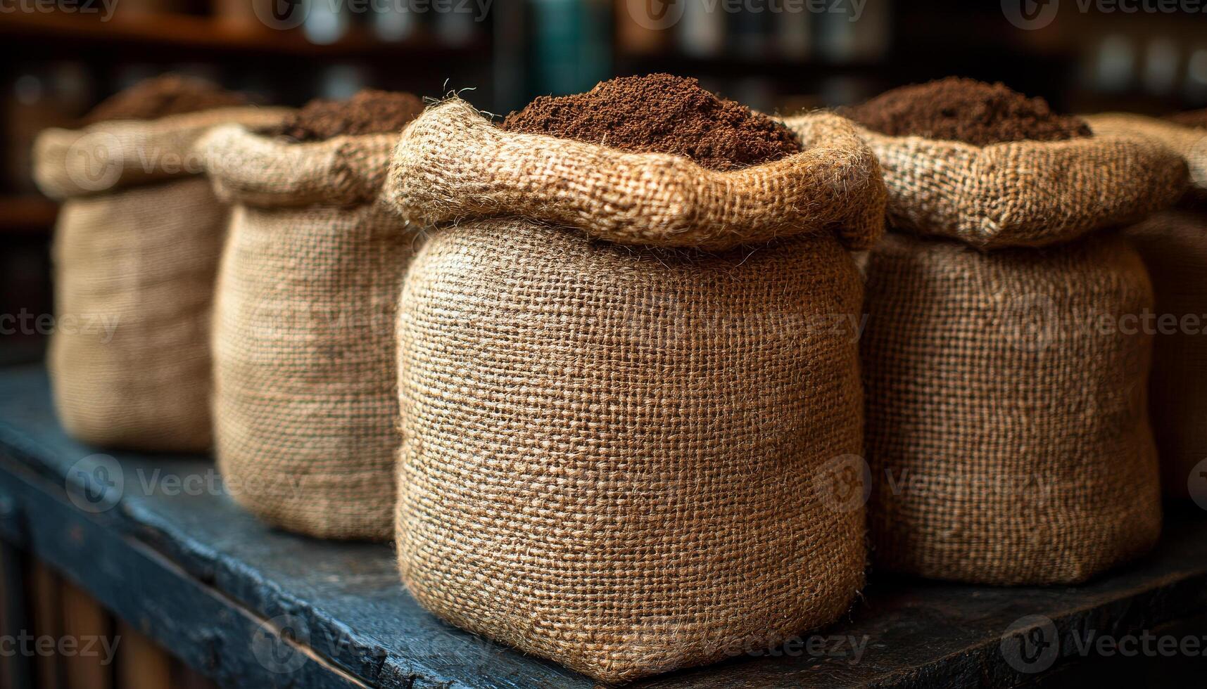 A pile of burlap bags with a brownish color. The bags are stacked on top of each other photo