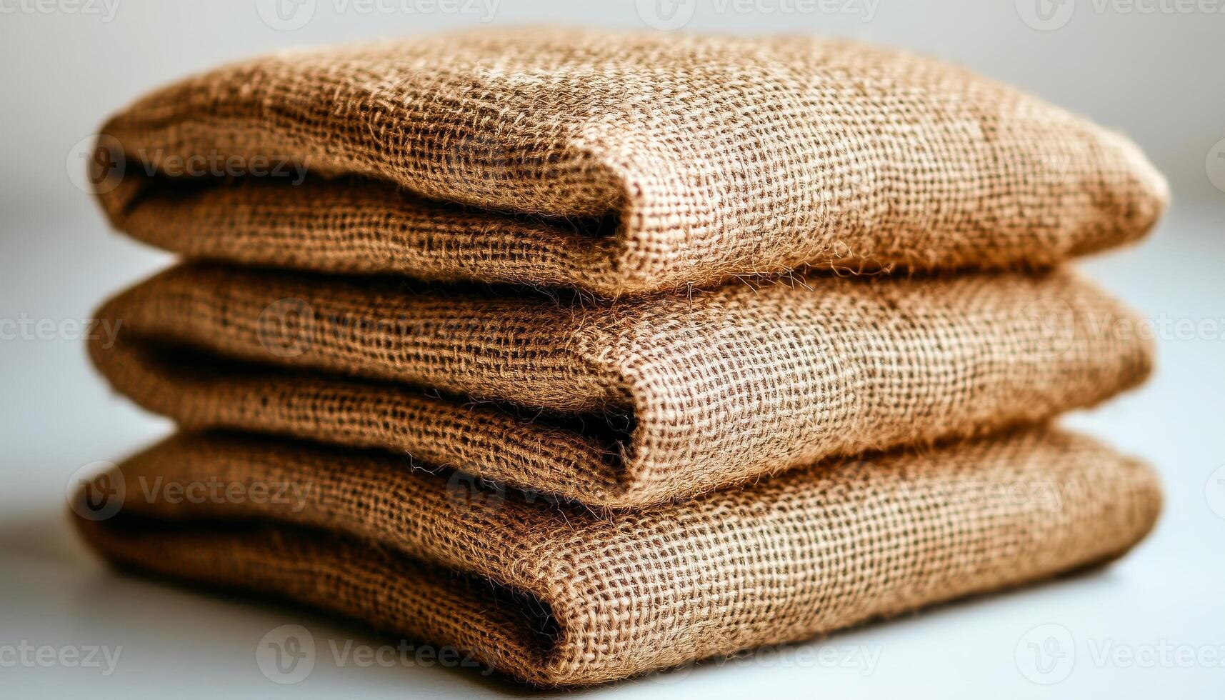 Three brown blankets stacked on top of each other. The blankets are made of a coarse material and are piled on a white surface photo