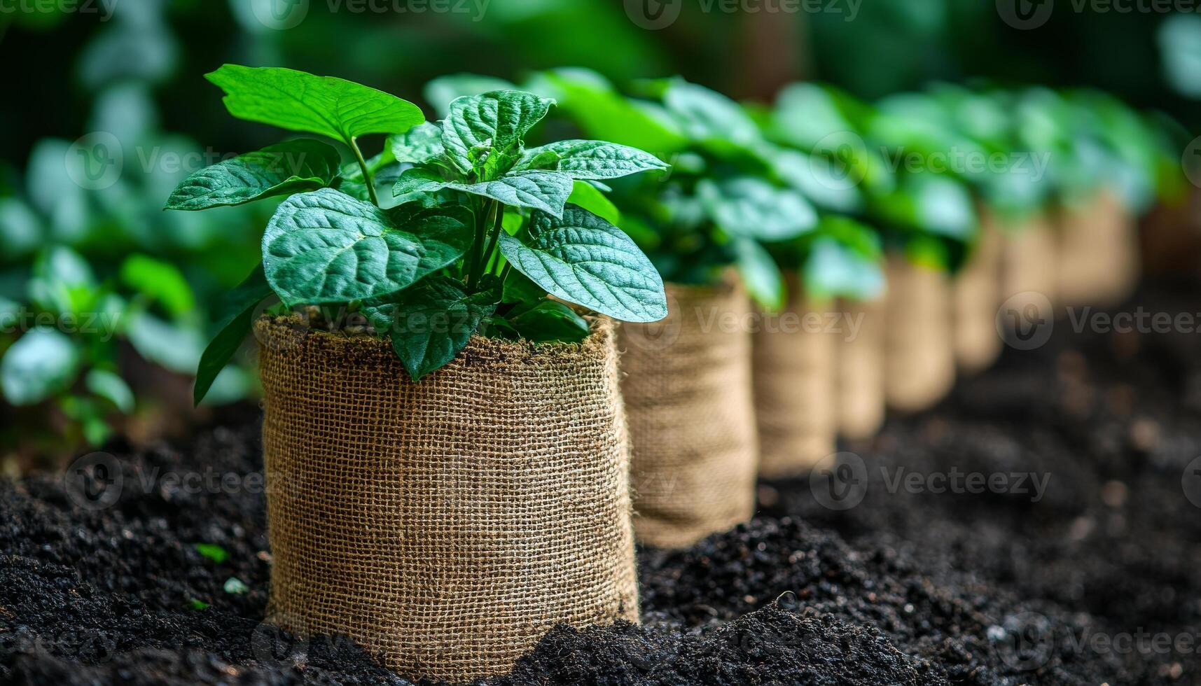 A row of potted plants are lined up in a garden. The plants are small and green, and they are in burlap containers. The garden is filled with dirt and the plants are growing in the dirt photo