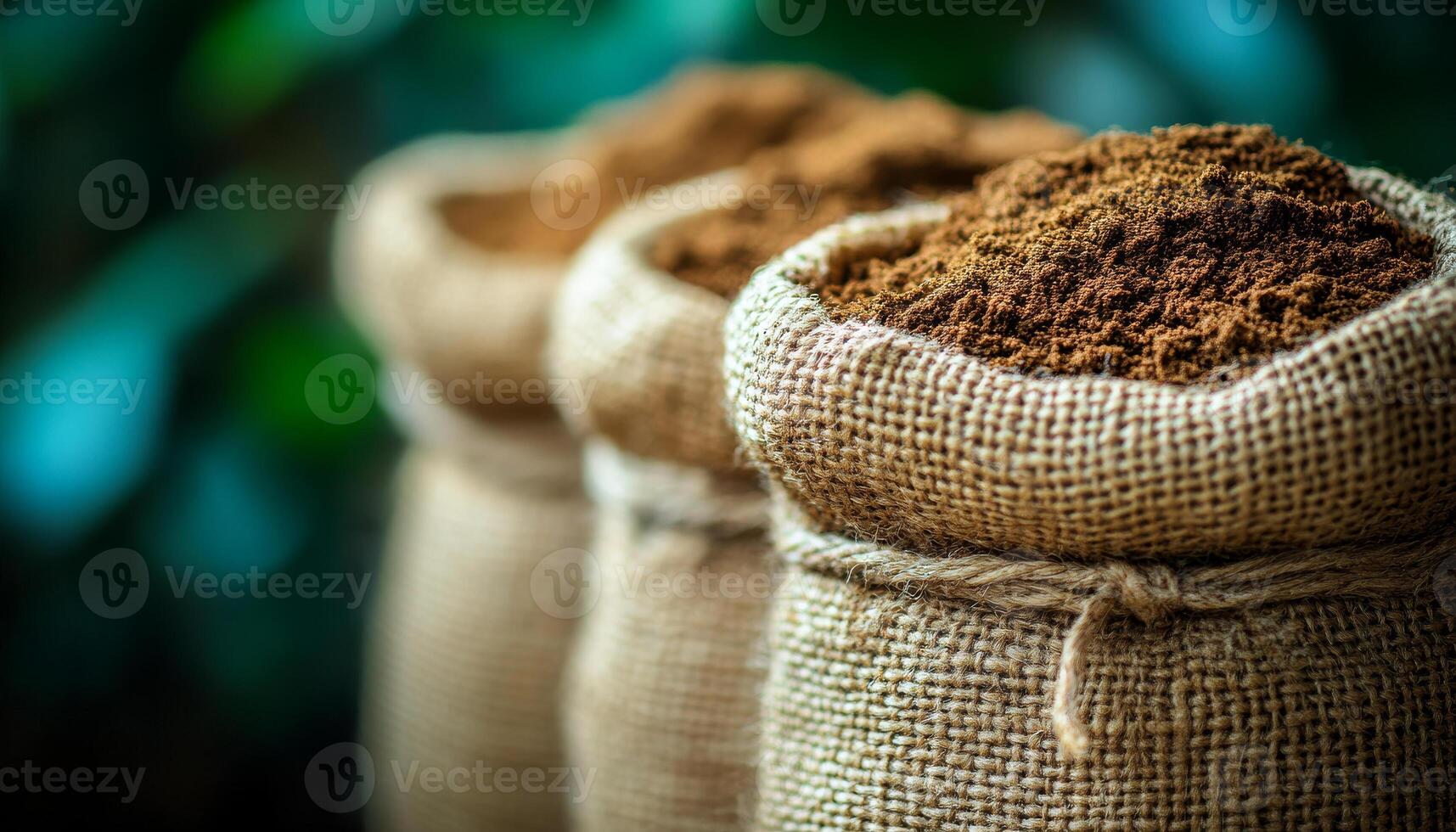 Three bags of brown beans are sitting on a table. The bags are tied with strings and are made of burlap photo