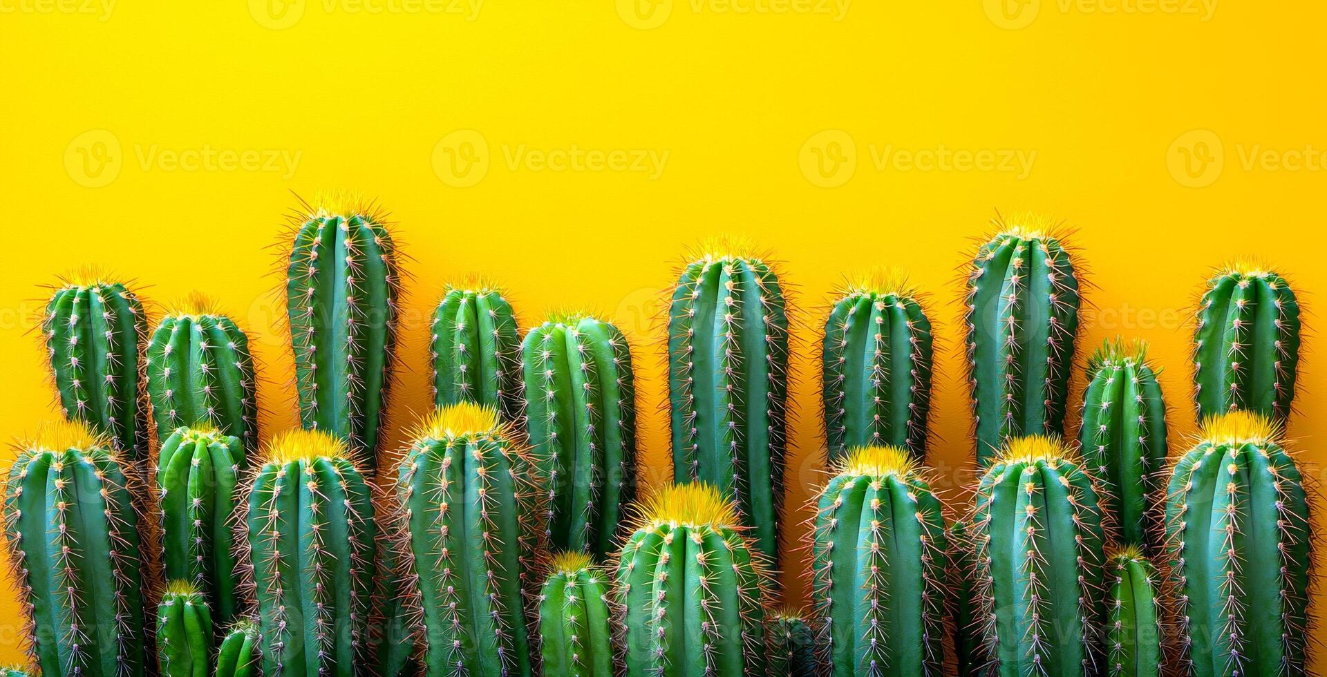A row of cacti with yellow flowers on top. The cacti are green and have spines photo