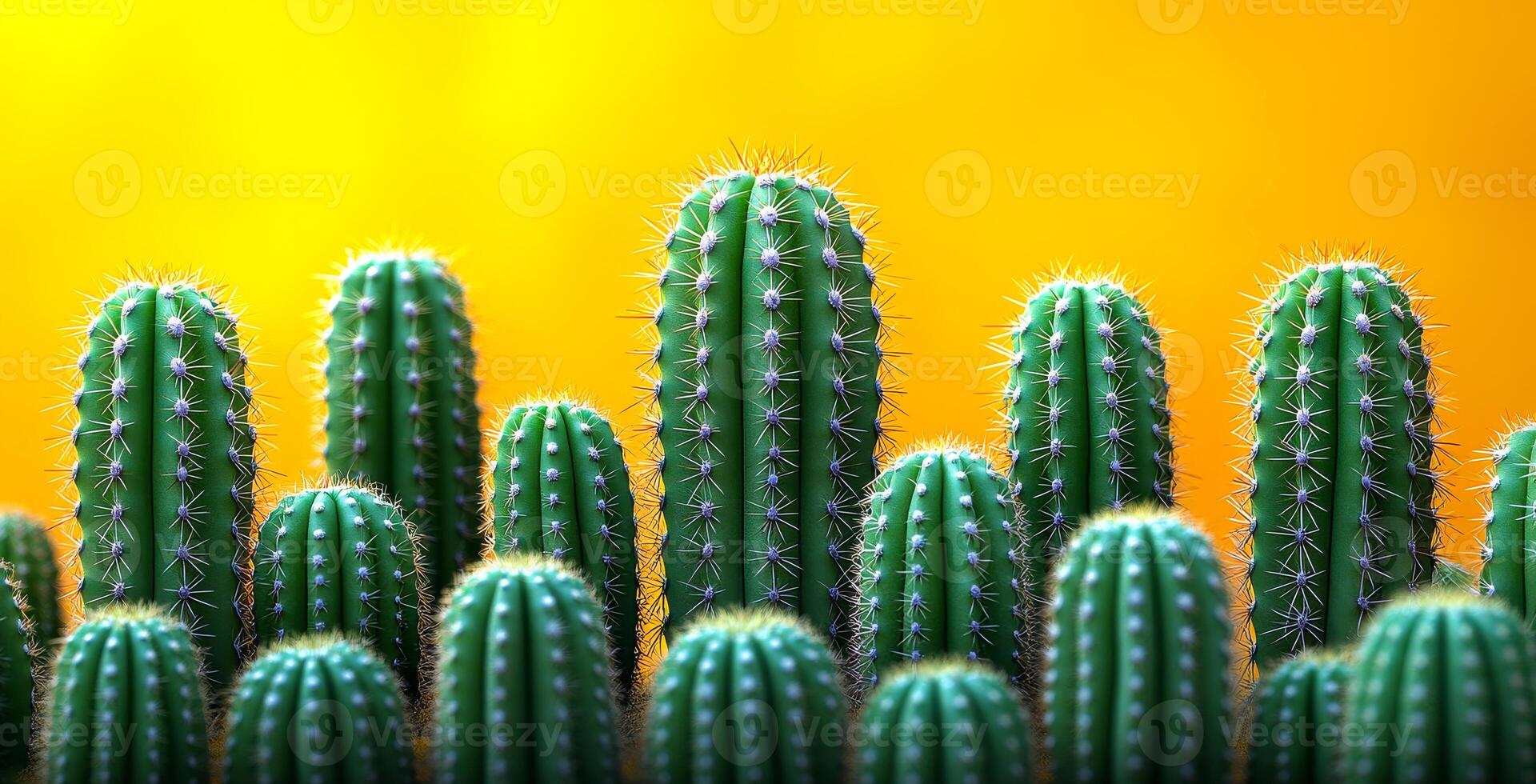 A row of cacti with spines are lined up on a yellow background. The cacti are all green and have a spiky appearance. Concept of resilience and strength photo