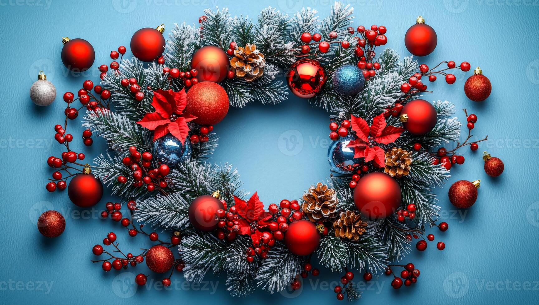A festive wreath made of red and blue ornaments is displayed on a blue background. The wreath is filled with a variety of colorful ornaments, creating a lively and cheerful atmosphere photo