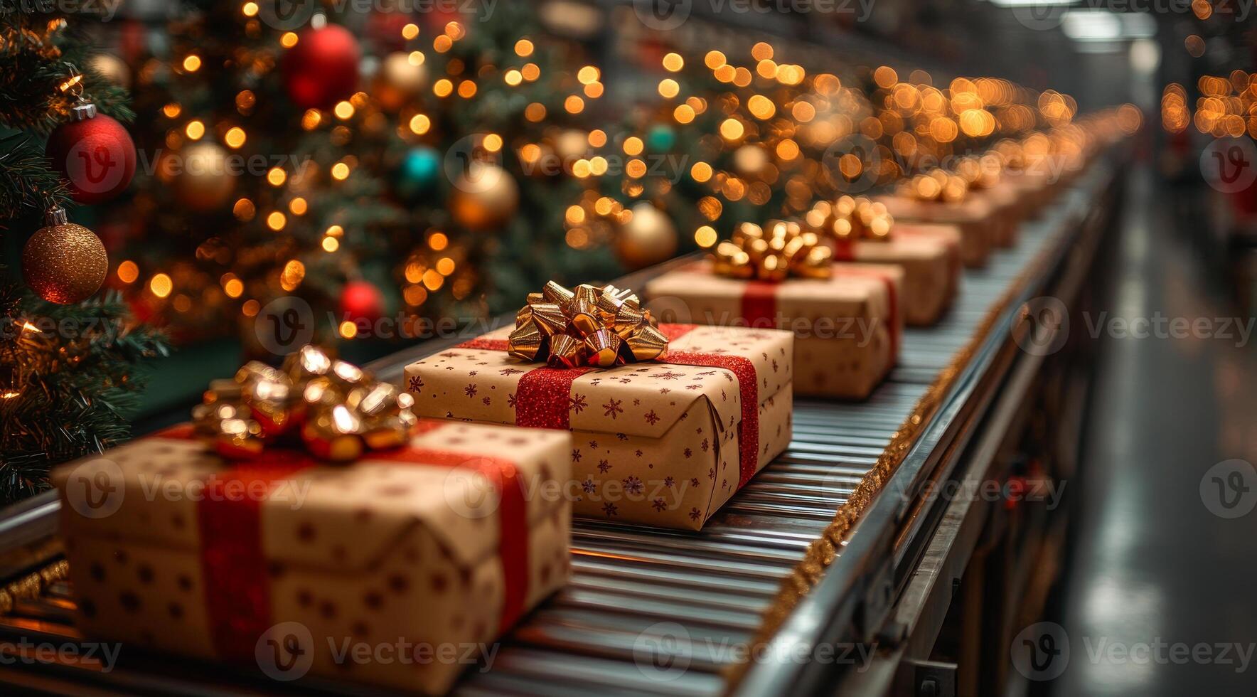 A conveyor belt with a row of brown boxes with red bows on them. The boxes are lined up and appear to be in a factory photo