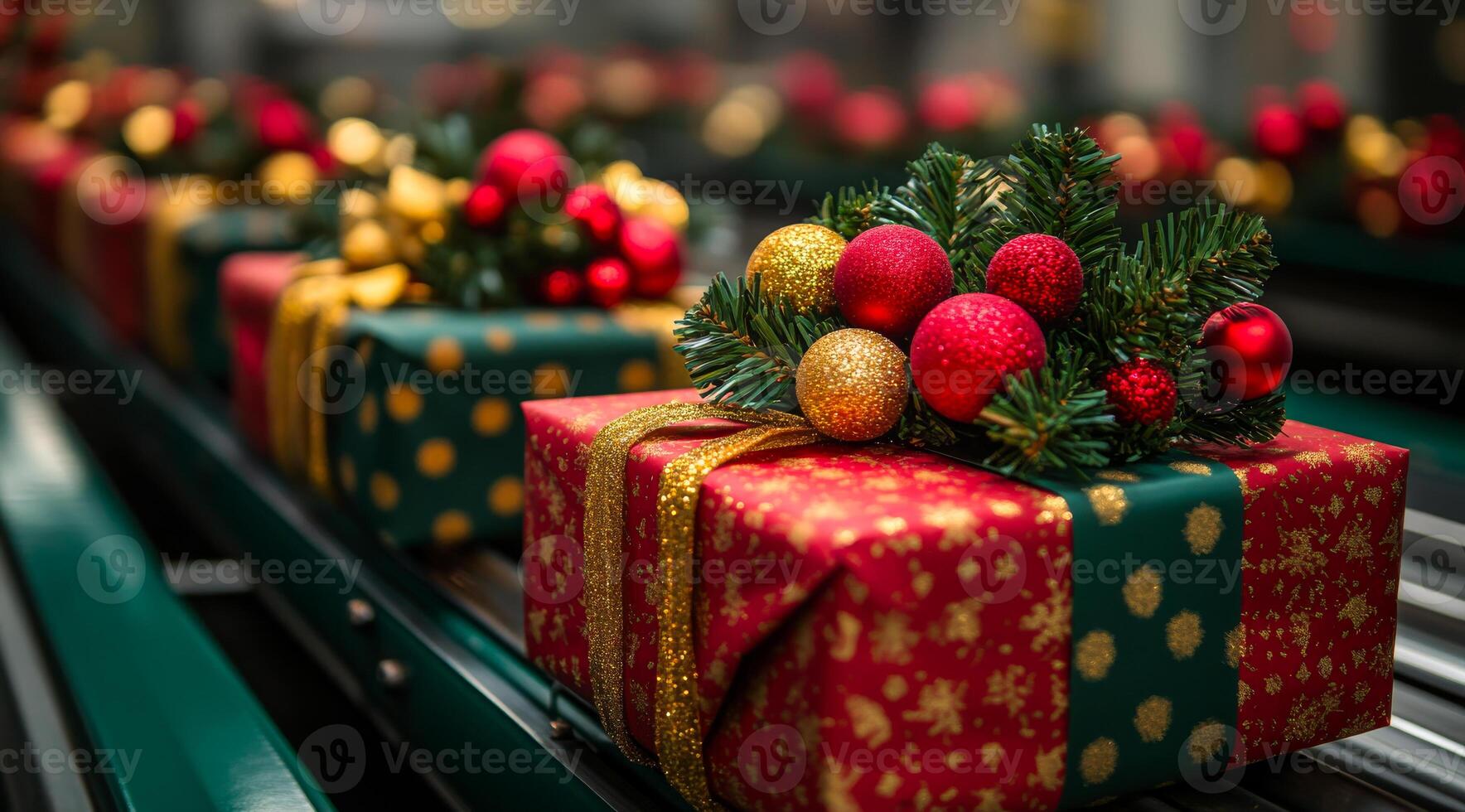 A row of red and green boxes with gold balls on top. The boxes are lined up on a conveyor belt photo
