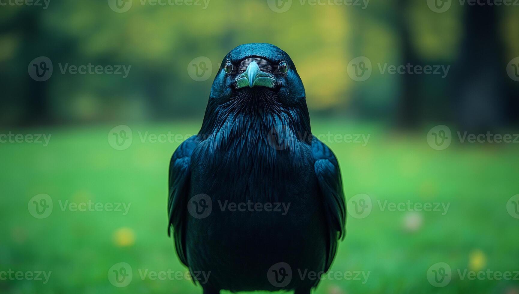 A black bird with a yellow beak is standing on a green field. The bird is looking directly at the camera, creating a sense of curiosity and intrigue photo
