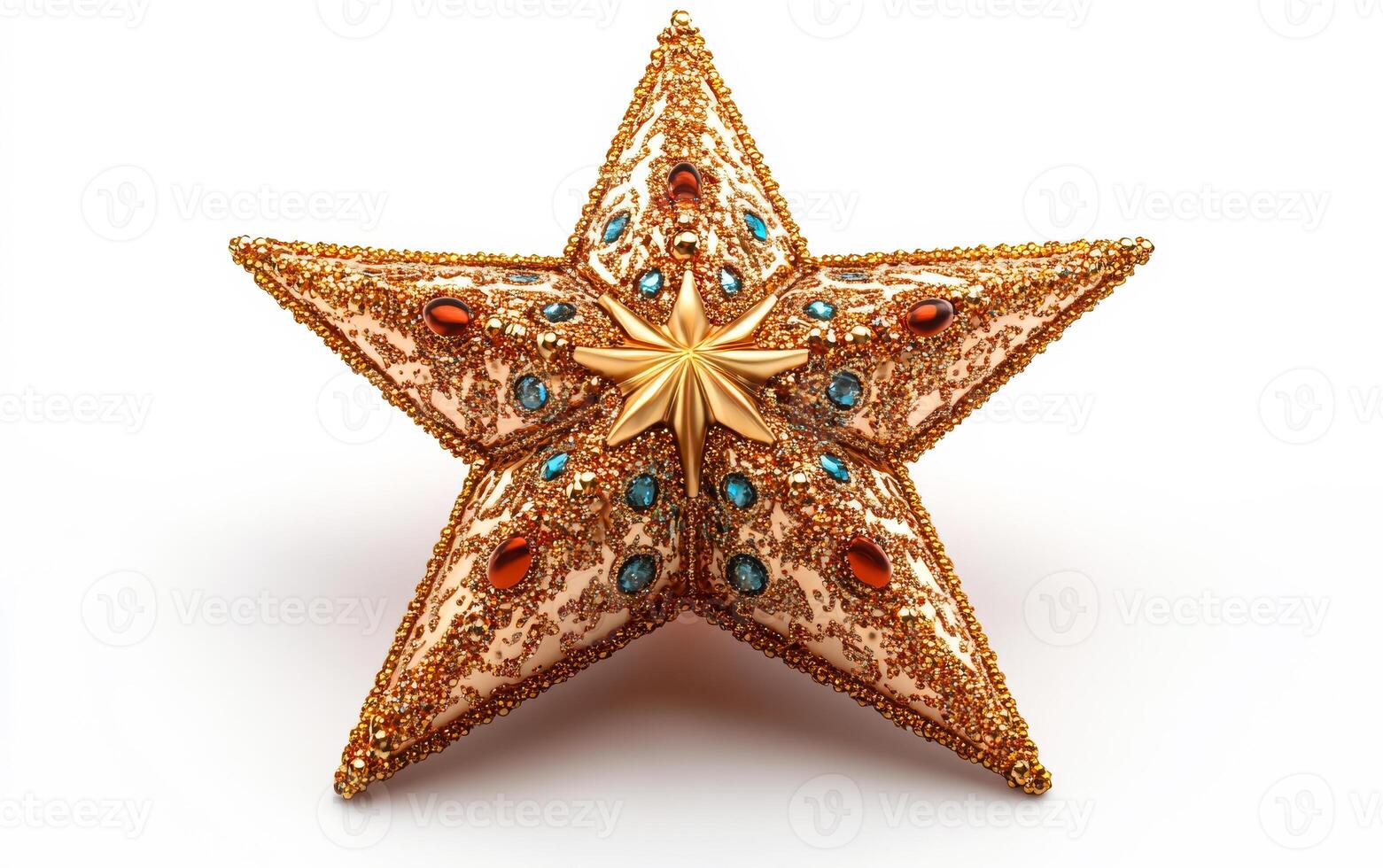 A gold star with blue and red beads on it. The star is shiny and has a glittery appearance photo
