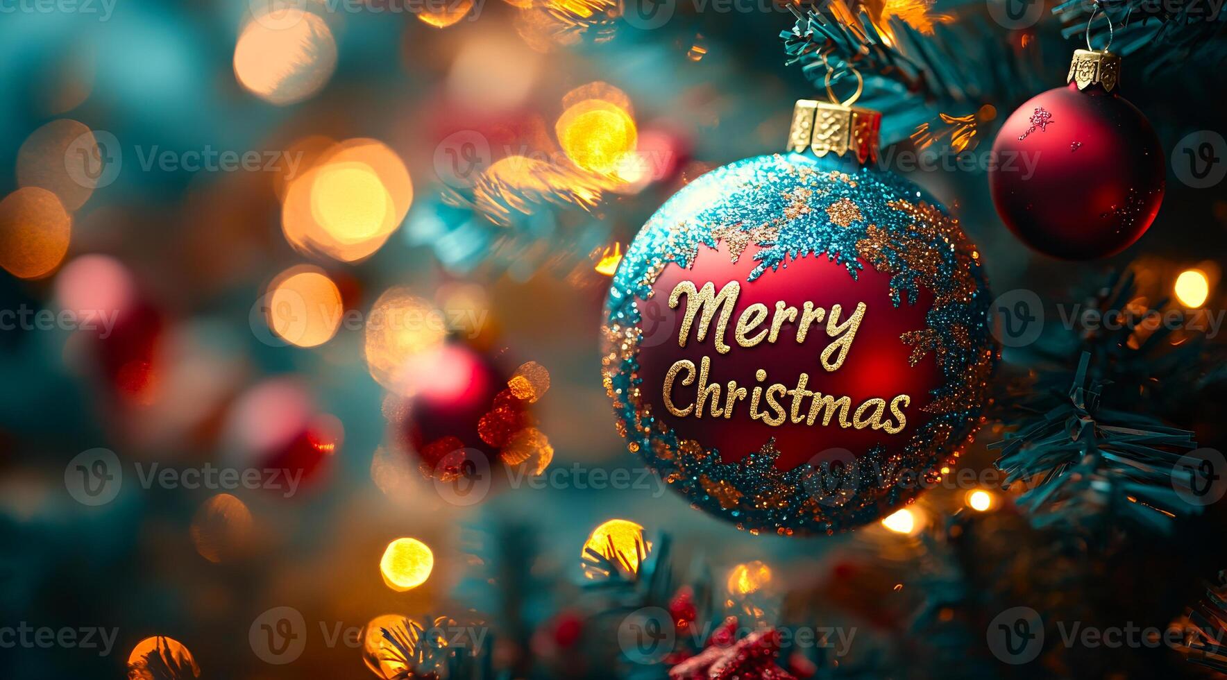 Merry christmas is written on a red and blue ornament. The ornament is hanging on a tree photo