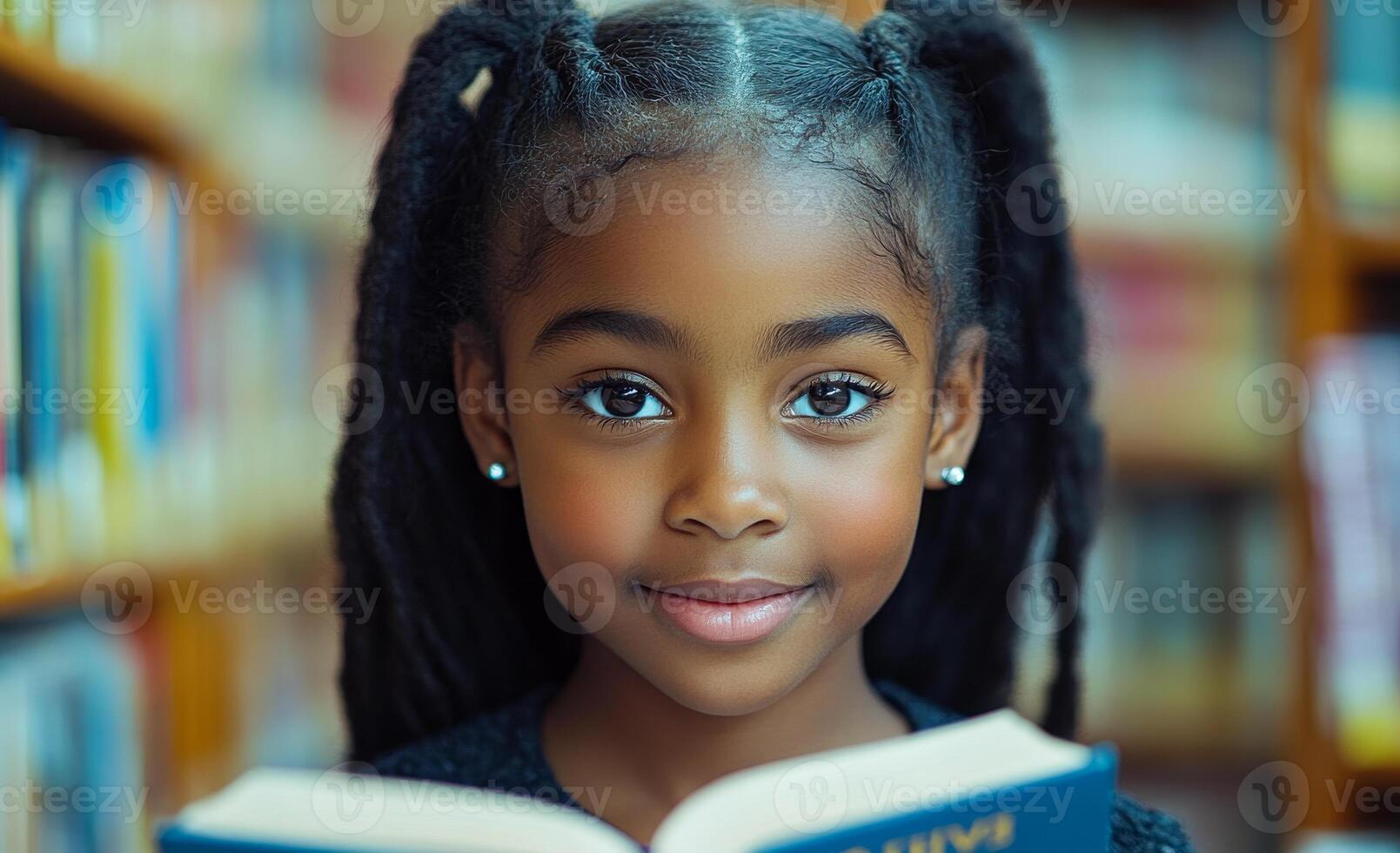 A young girl is sitting in a library reading a book. She has her hair in pigtails and is smiling photo